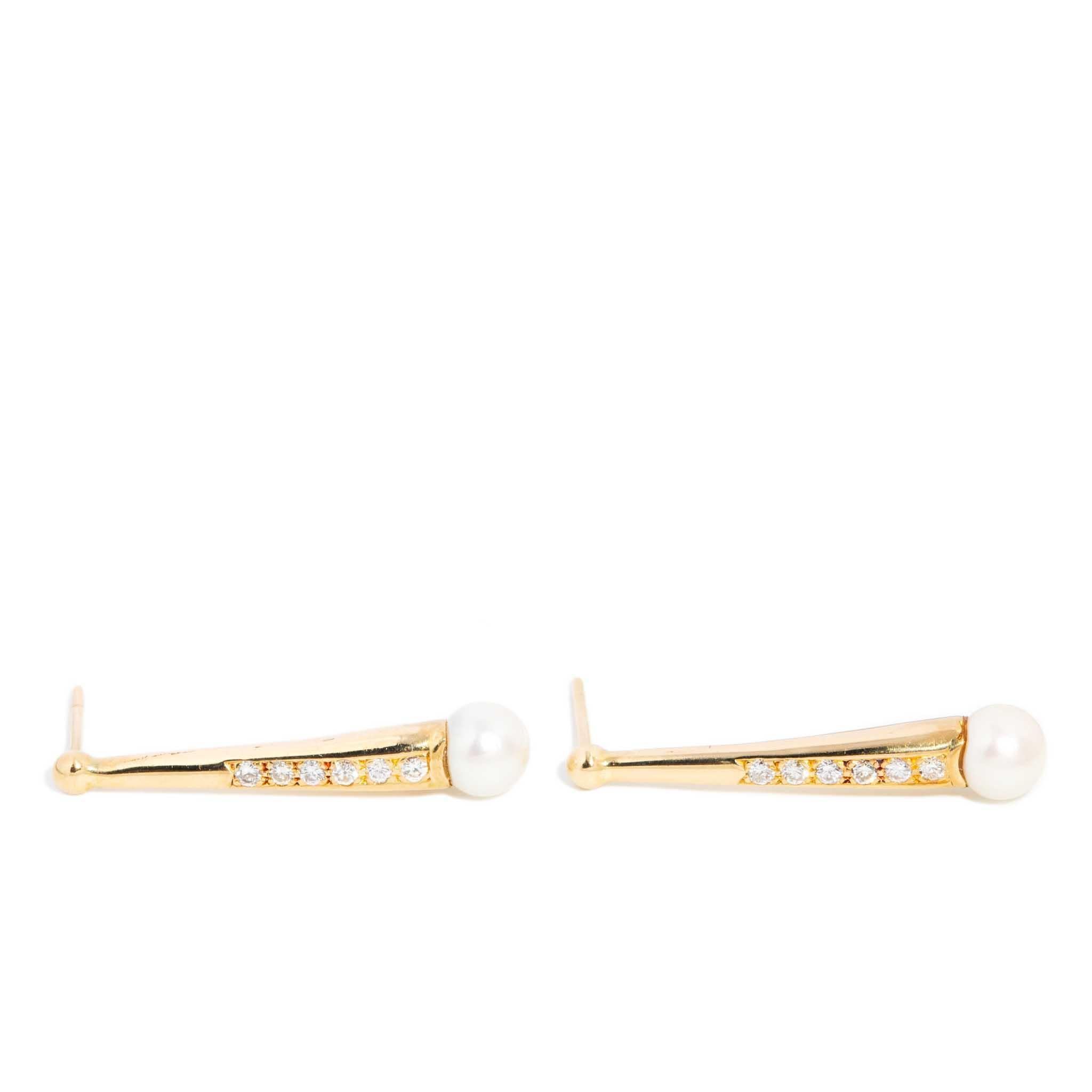 Pendientes Vintage Circa 1980 Perla Diamante Oro Amarillo 18 Quilates en venta 2