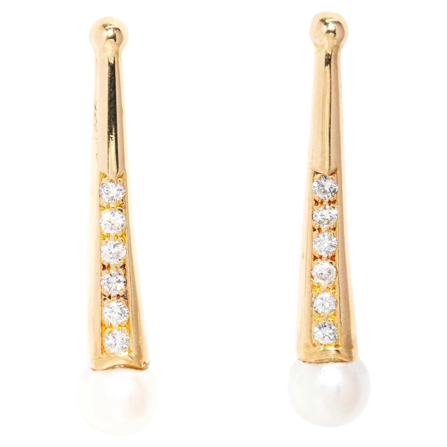 Vintage Circa 1980s Pearl Diamond Drop Earrings 18 Carat Yellow Gold