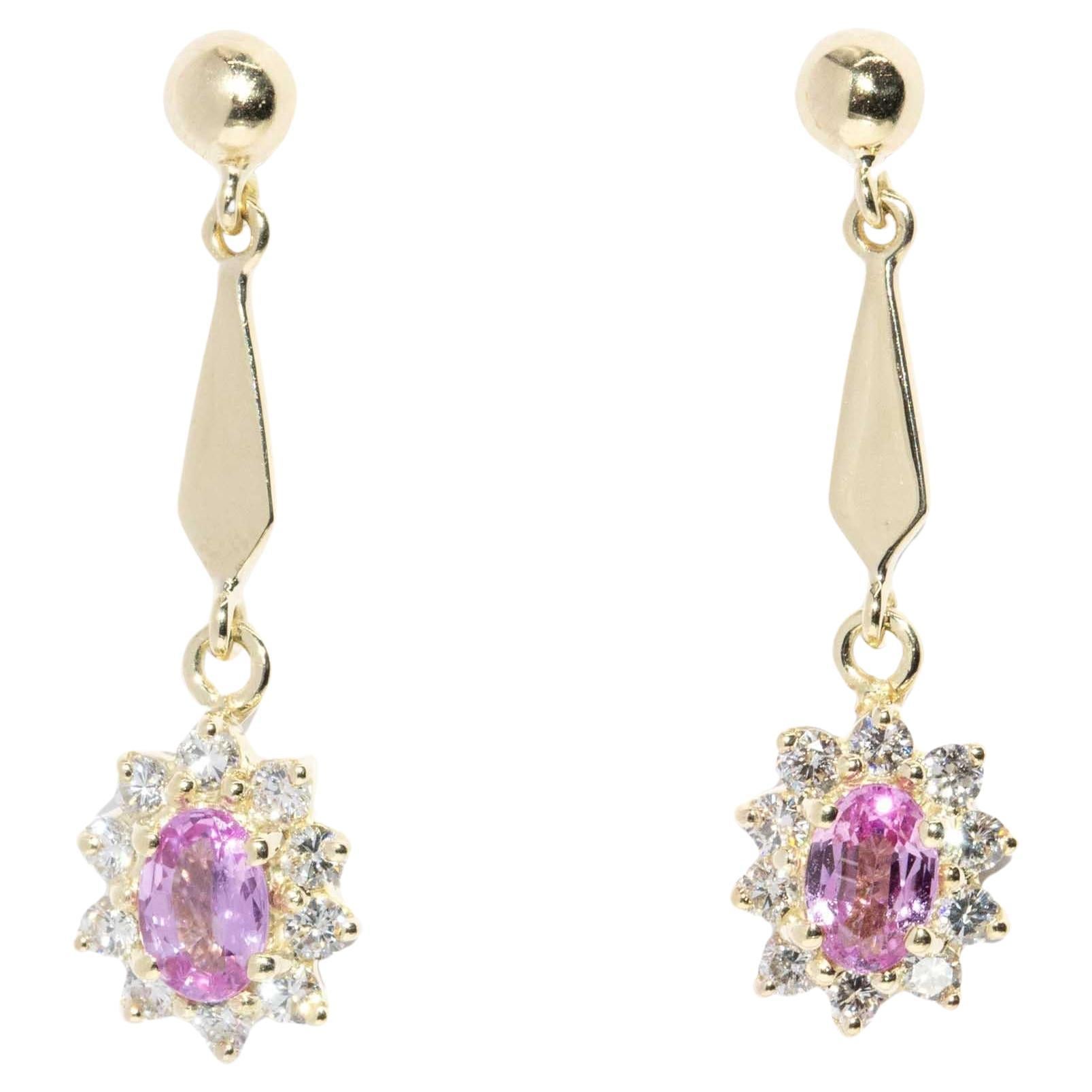Vintage Circa 1980s Pink Sapphire 
Diamond Drop Earrings 14 Carat Gold
