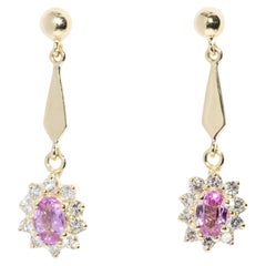 Vintage Circa 1980s Pink Sapphire & Diamond Drop Earrings 14 Carat Gold