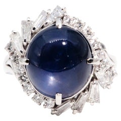 Vintage circa 1980s Platinum Cabochon Star Sapphire & Diamond Vintage Halo Ring