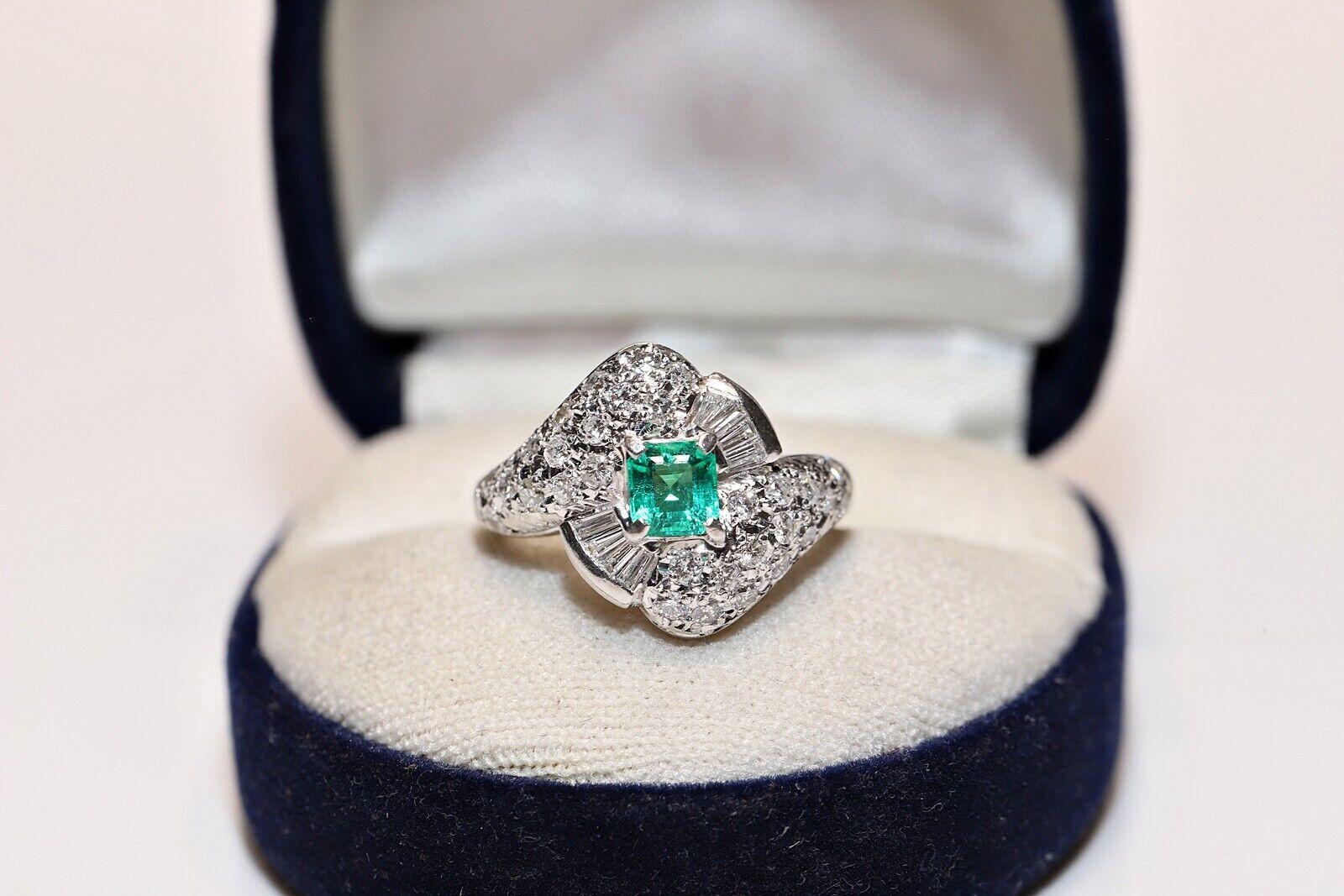 Vintage Circa 1990s Handcrafted Platinum Natural Diamond And Emerald Ring For Sale 4