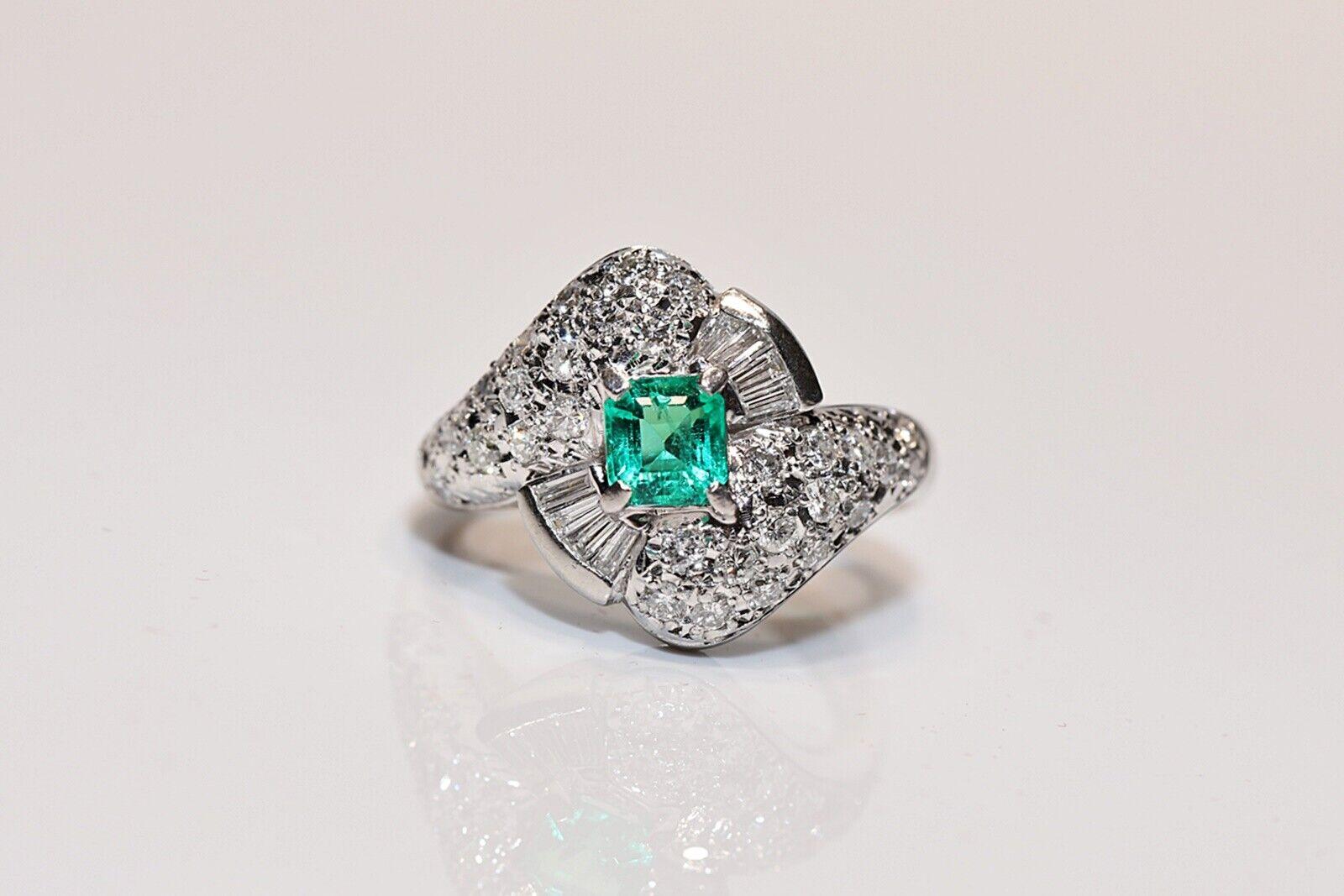 Vintage Circa 1980s Platinum Natural Diamond And Emerald Ring For Sale 6