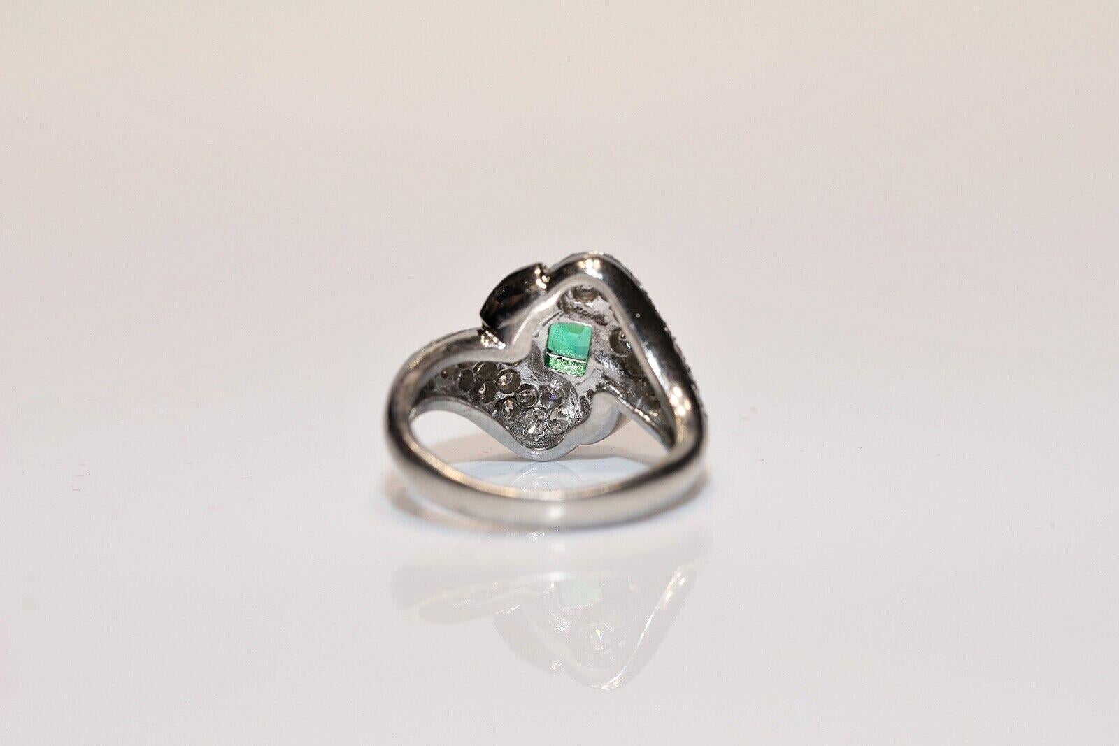 Retro Vintage Circa 1990s Handcrafted Platinum Natural Diamond And Emerald Ring For Sale