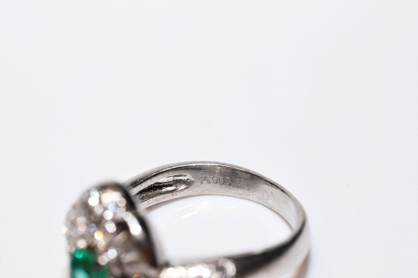 Women's Vintage Circa 1990s Handcrafted Platinum Natural Diamond And Emerald Ring For Sale