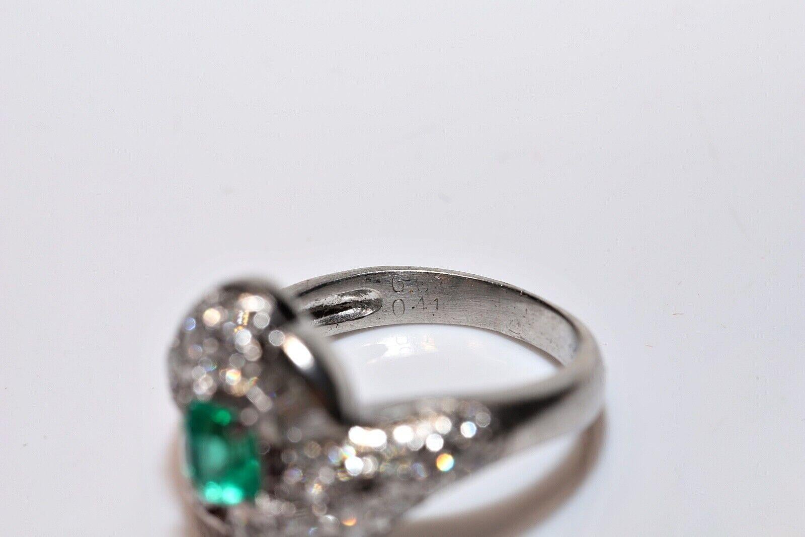 Vintage Circa 1980s Platinum Natural Diamond And Emerald Ring For Sale 1