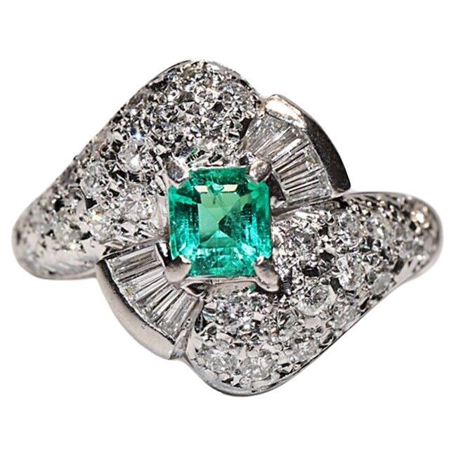 Vintage Circa 1980s Platinum Natural Diamond And Emerald Ring For Sale