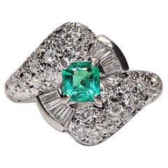 Vintage Circa 1980s Platinum Natural Diamond And Emerald Ring