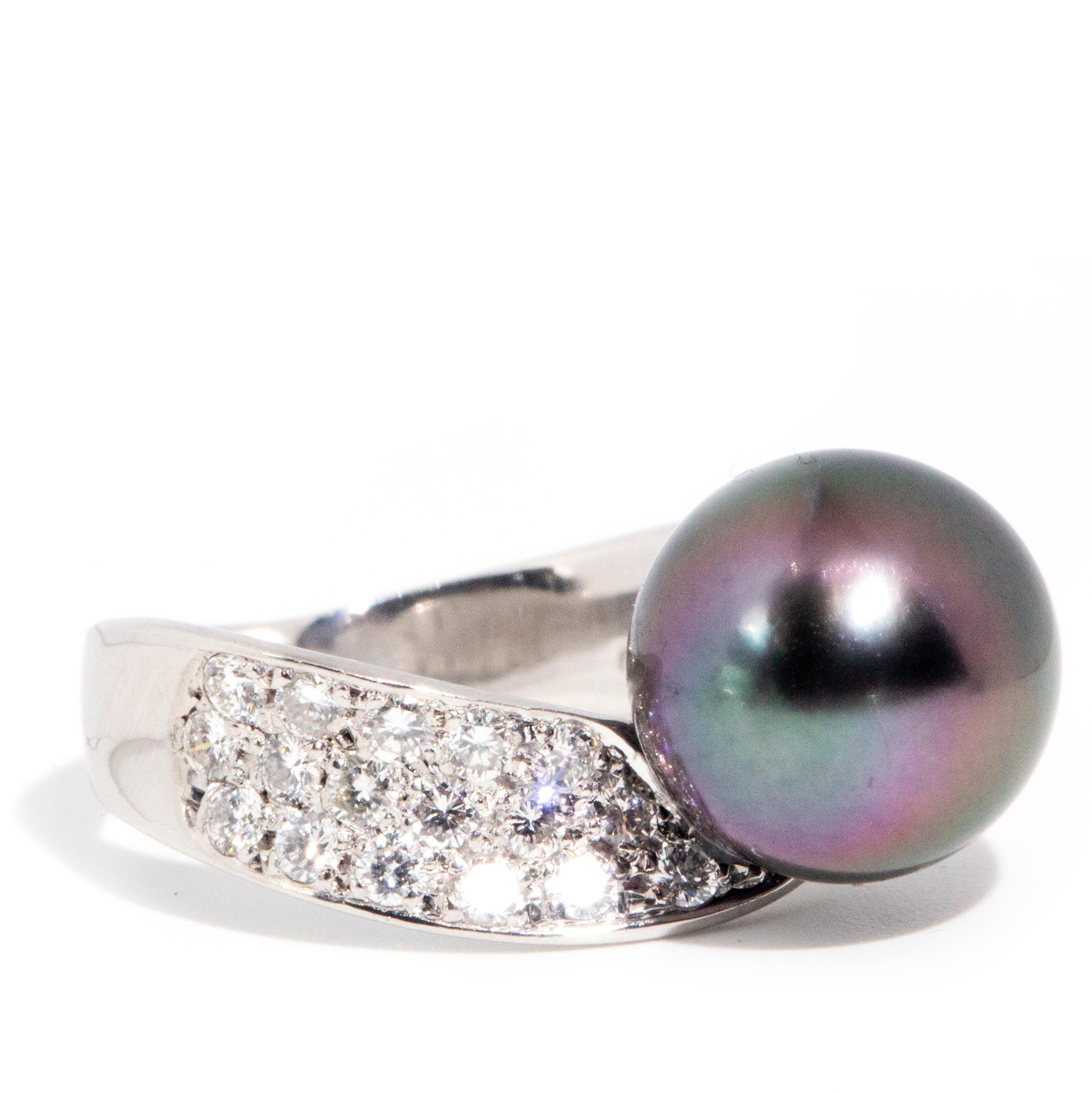 Modern Vintage Circa 1980s Platinum Tahitian Pearl and Brilliant Diamond Twisted Ring For Sale