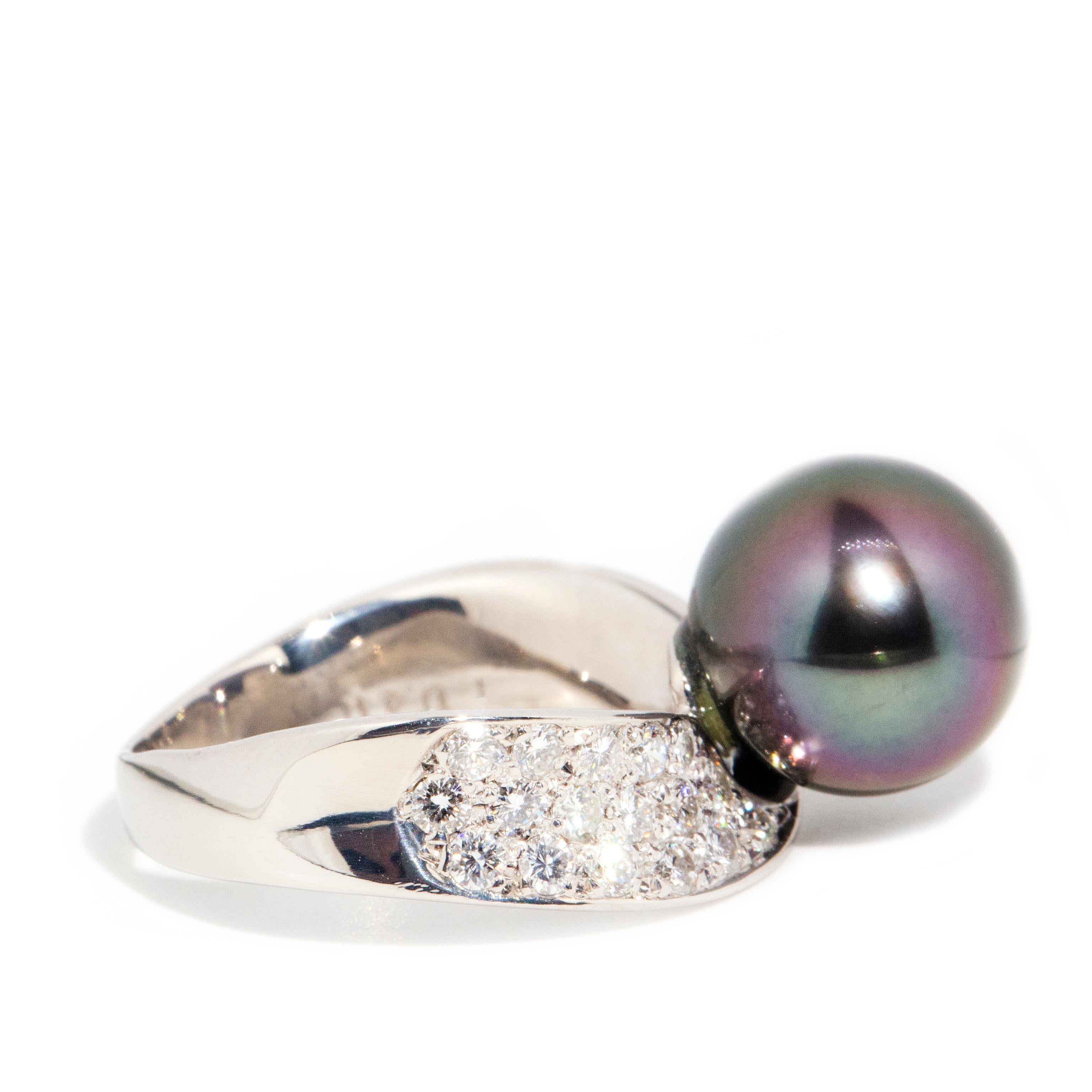 Vintage Circa 1980s Platinum Tahitian Pearl and Brilliant Diamond Twisted Ring For Sale 1