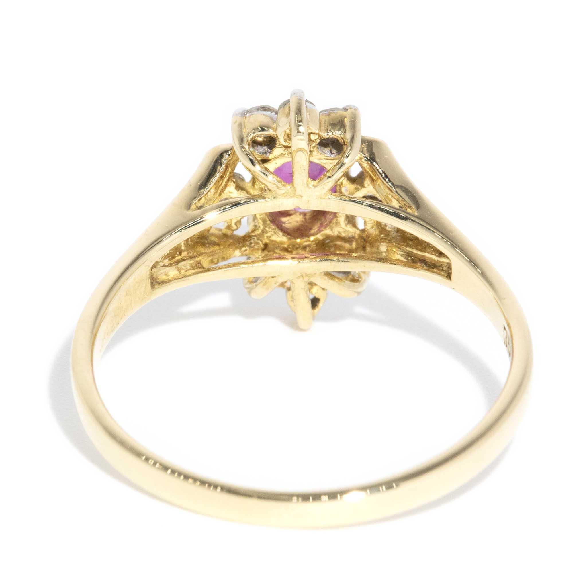 Vintage Circa 1980s Ruby Diamond Halo Cluster 18 Carat Yellow Gold For Sale 5