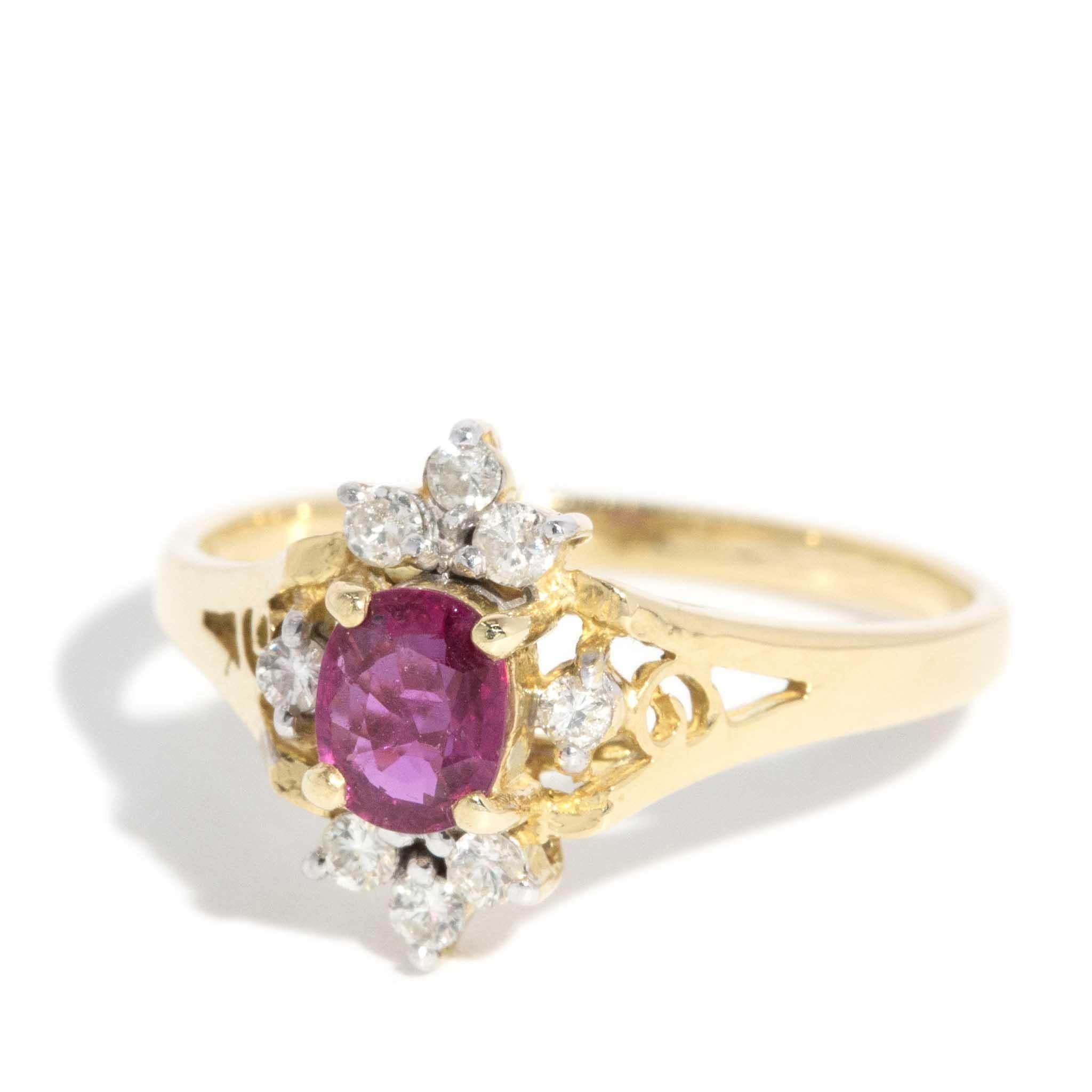 Modern Vintage Circa 1980s Ruby Diamond Halo Cluster 18 Carat Yellow Gold For Sale