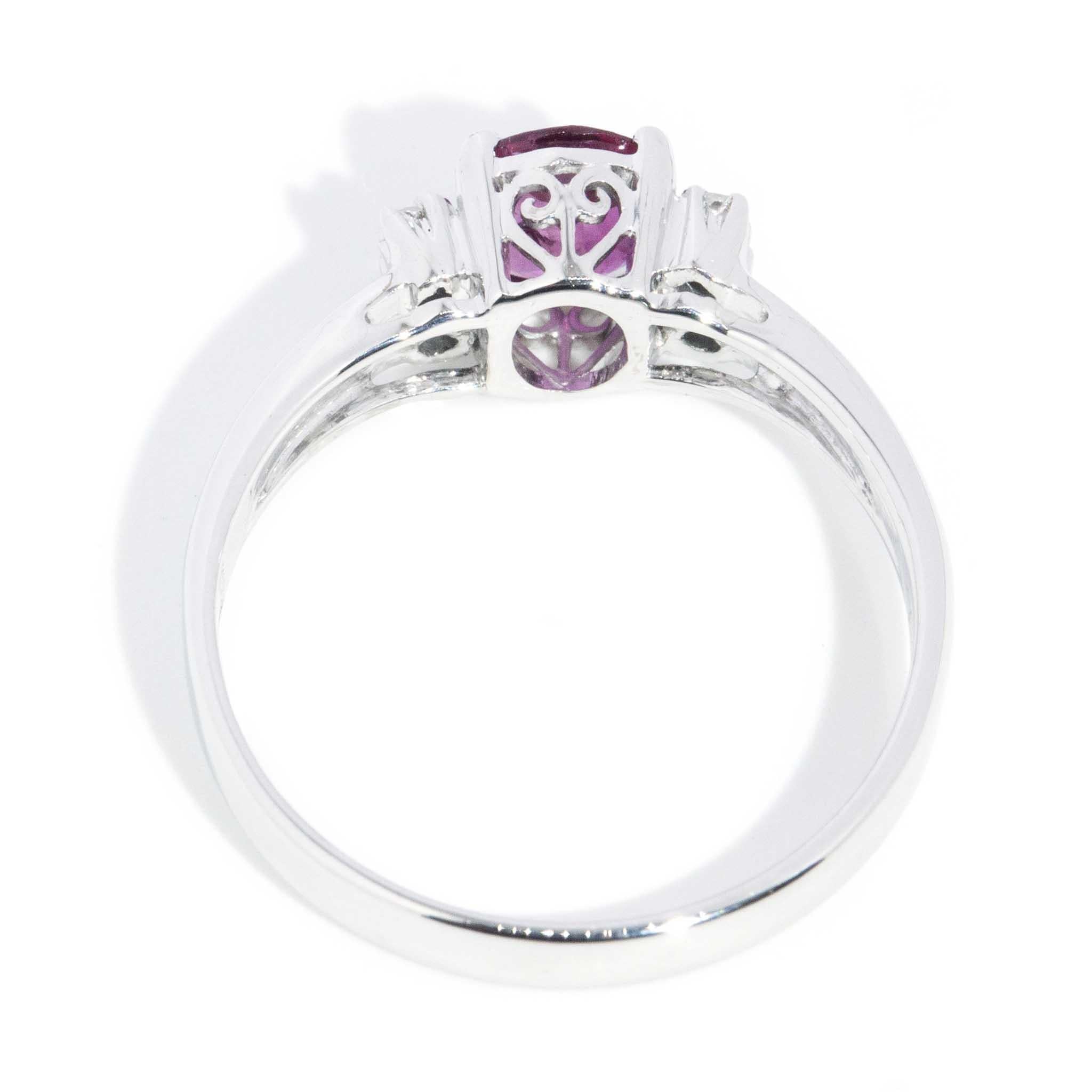 Oval Cut Vintage Circa 1980s Ruby & Diamond Ring 14 Carat White Gold For Sale