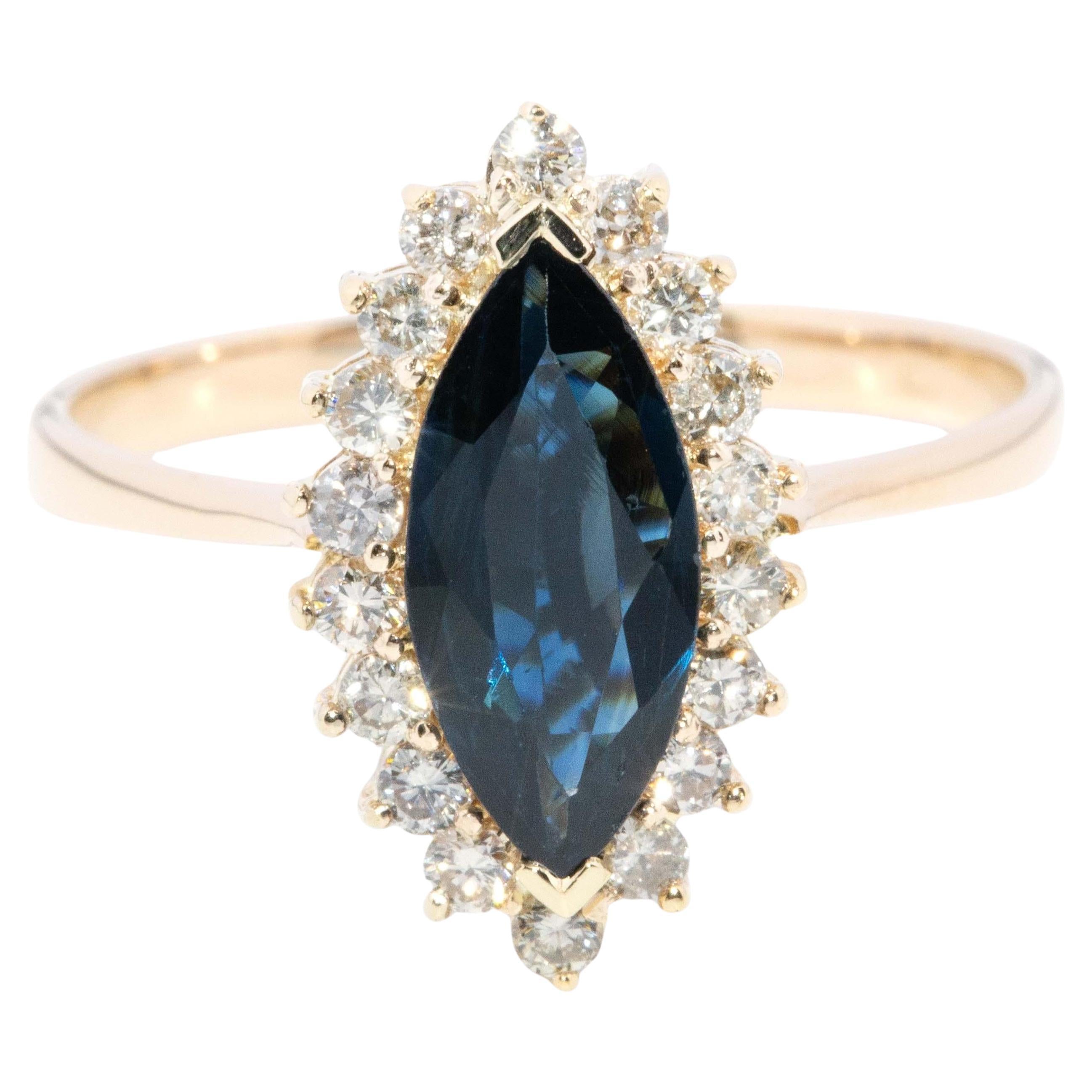 Anello aureola con zaffiro e diamante vintage degli anni '80 in oro 14 carati in vendita