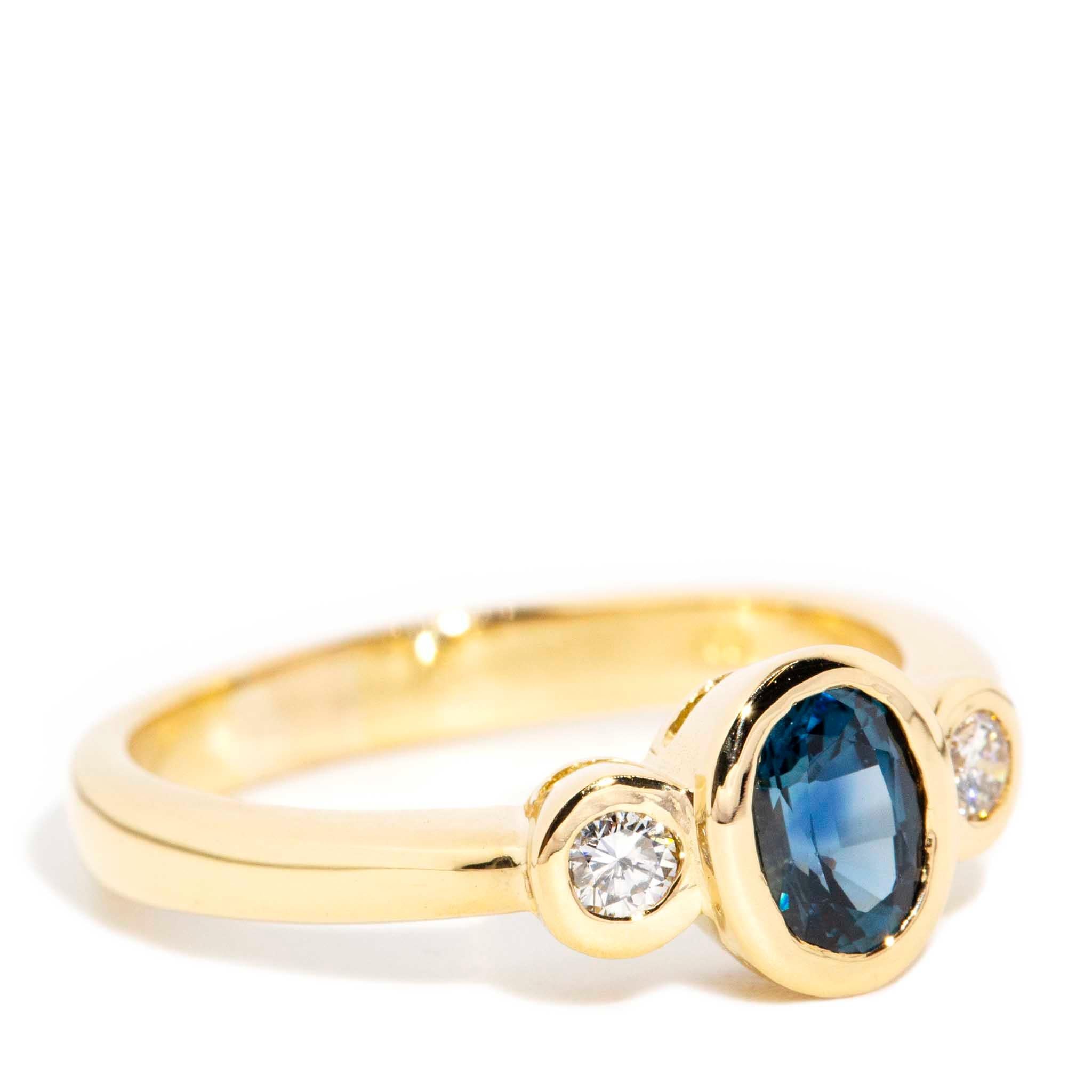 Modern Vintage Circa 1980s Sapphire & Diamond Three Stone Ring 18 Carat Yellow Gold