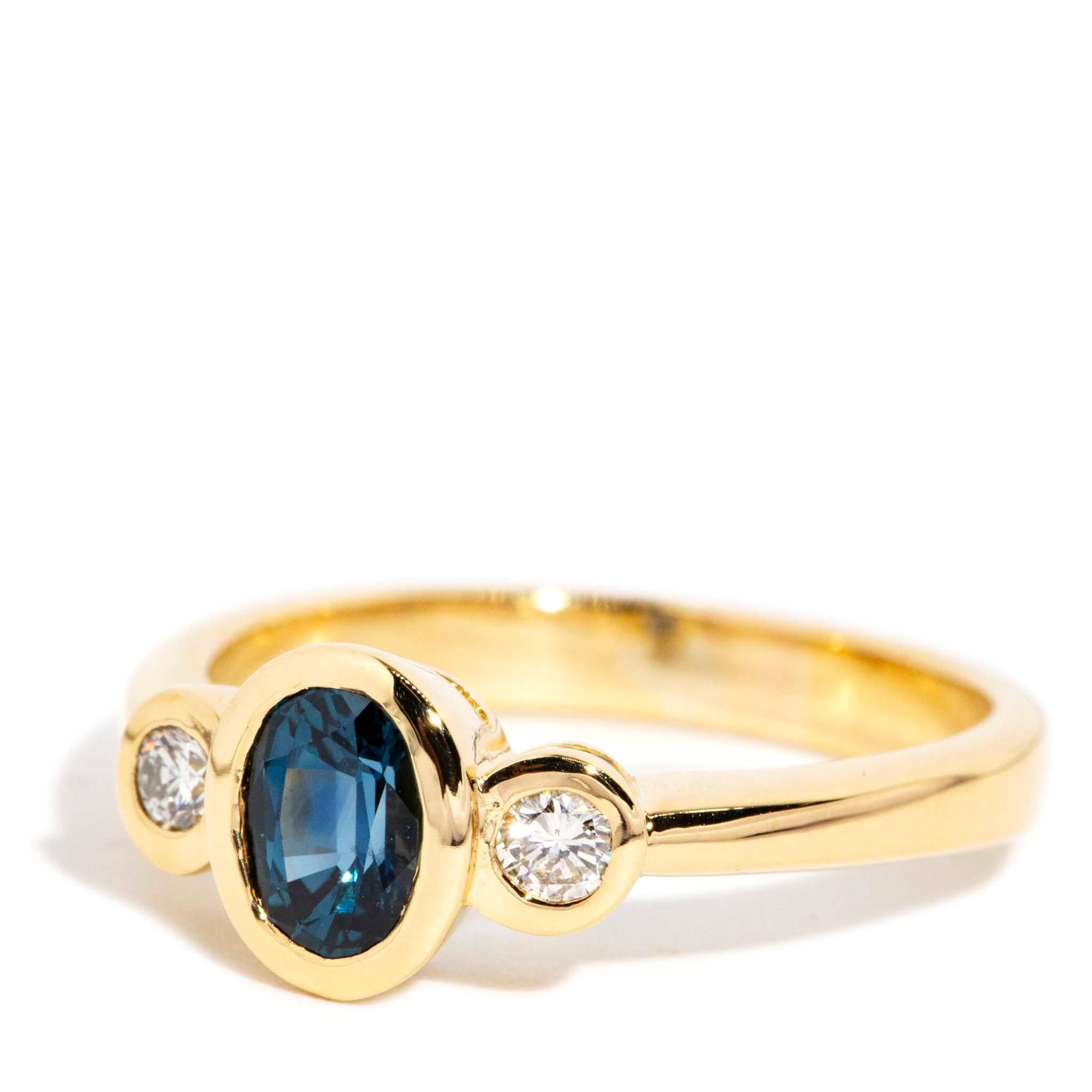 Oval Cut Vintage Circa 1980s Sapphire & Diamond Three Stone Ring 18 Carat Yellow Gold