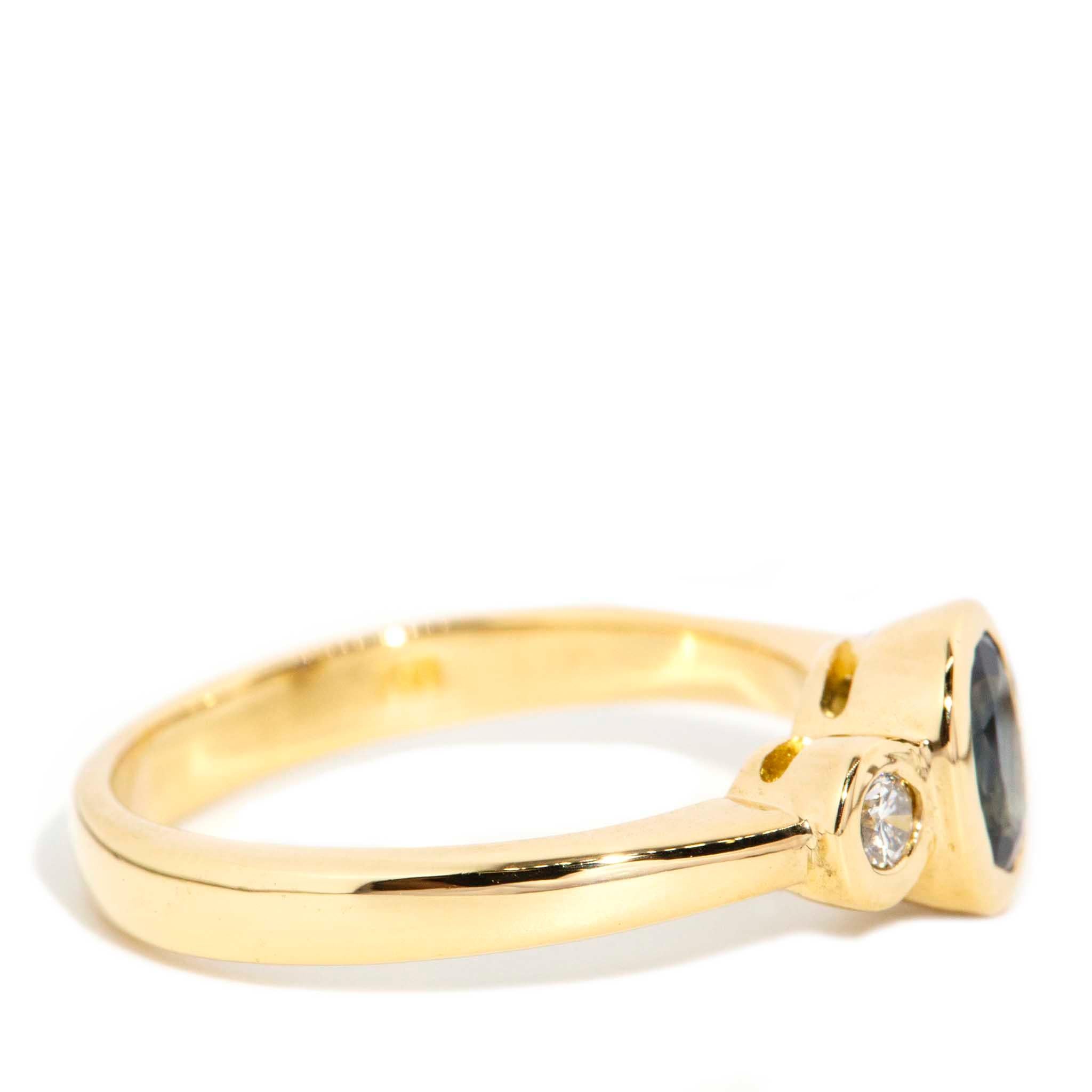 Women's or Men's Vintage Circa 1980s Sapphire & Diamond Three Stone Ring 18 Carat Yellow Gold