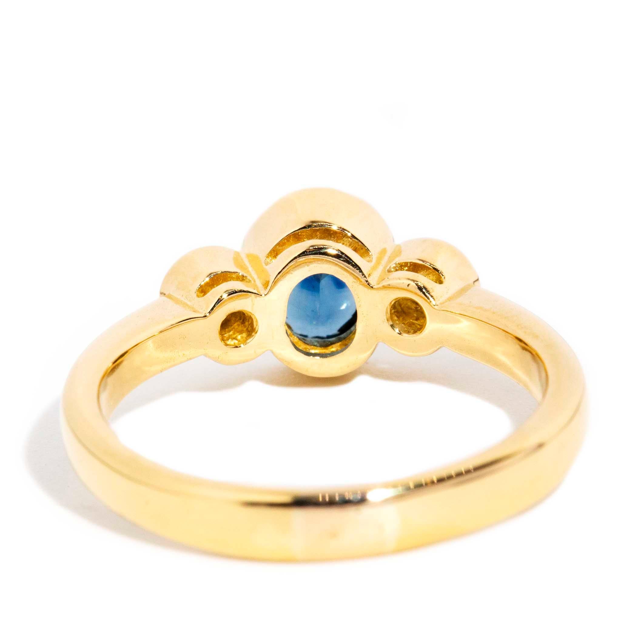 Vintage Circa 1980s Sapphire & Diamond Three Stone Ring 18 Carat Yellow Gold 2