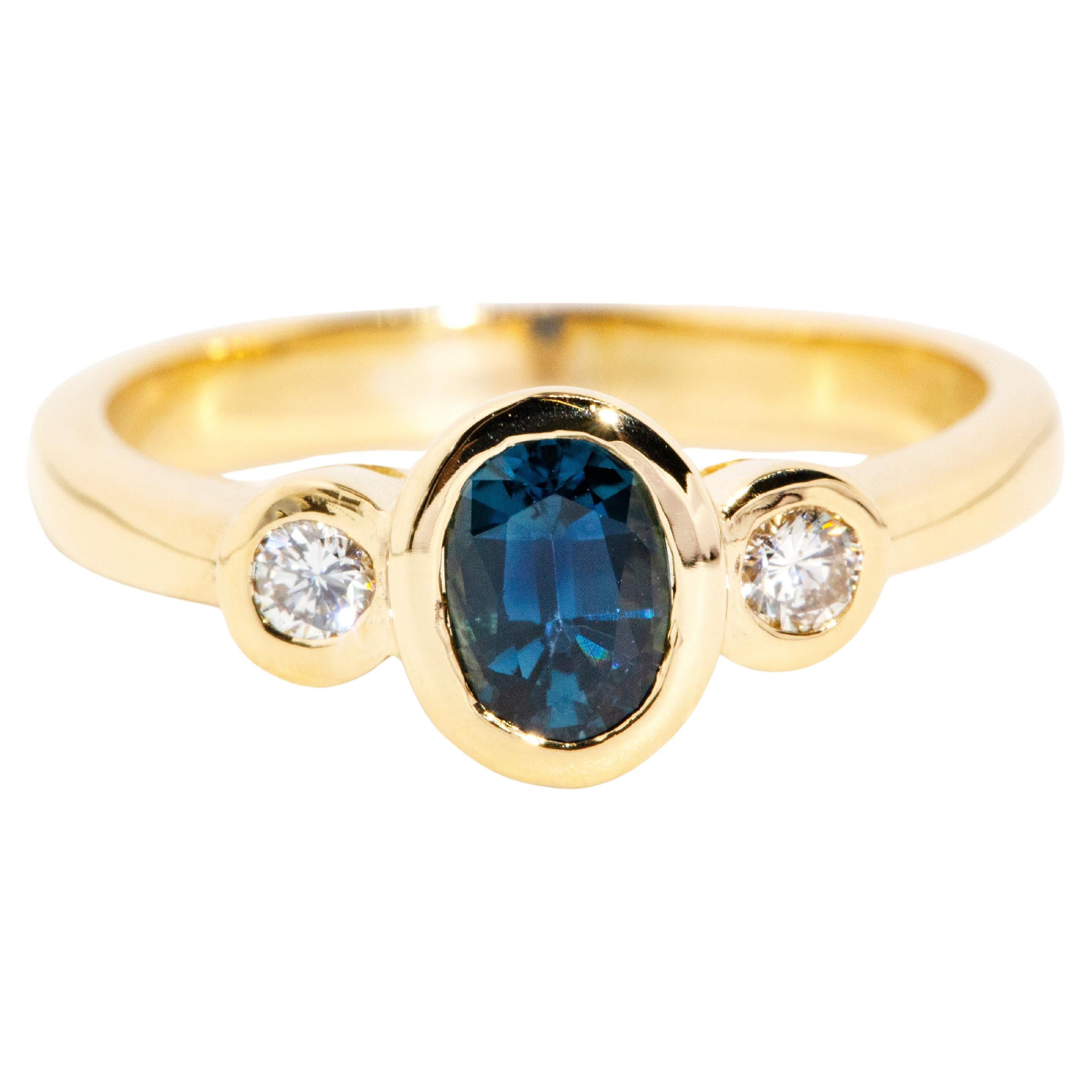 Vintage Circa 1980s Sapphire & Diamond Three Stone Ring 18 Carat Yellow Gold