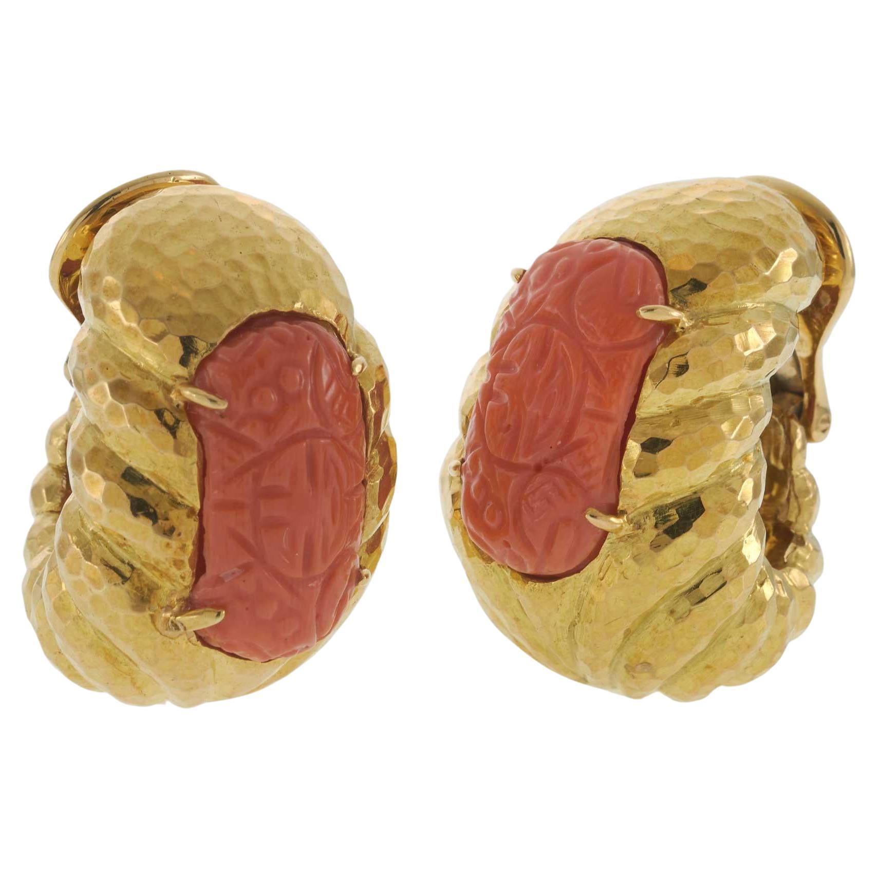 Vintage circa 1980s Signed David Webb 18KT Yellow Gold and Coral Clip Earrings