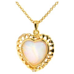 Vintage Circa 1980s Solid Australian Opal Heart Pendant & Chain 18 Carat Gold