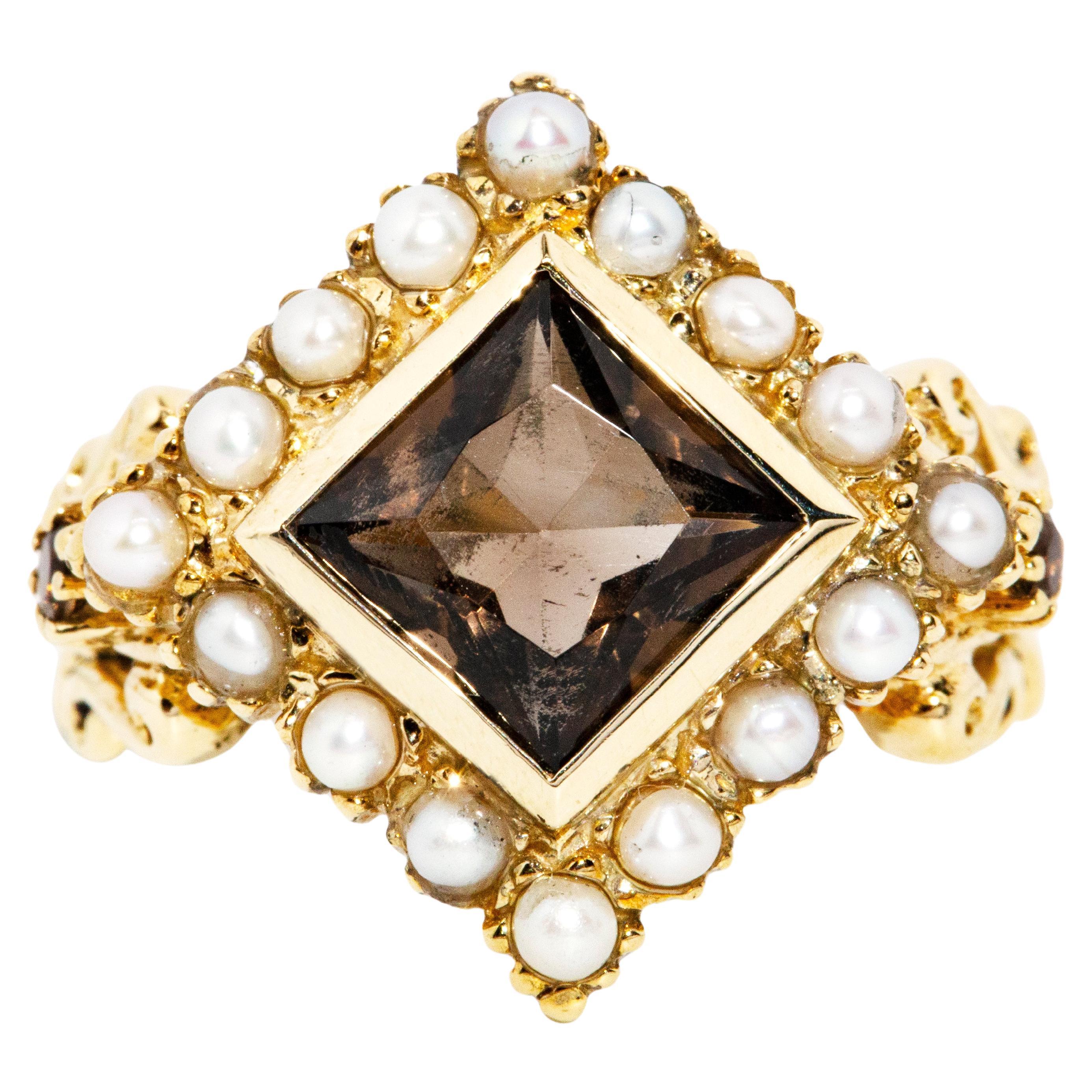 Vintage Circa 1980s Square Smoky Quartz & Seed Pearl Ring 9 Carat Yellow Gold