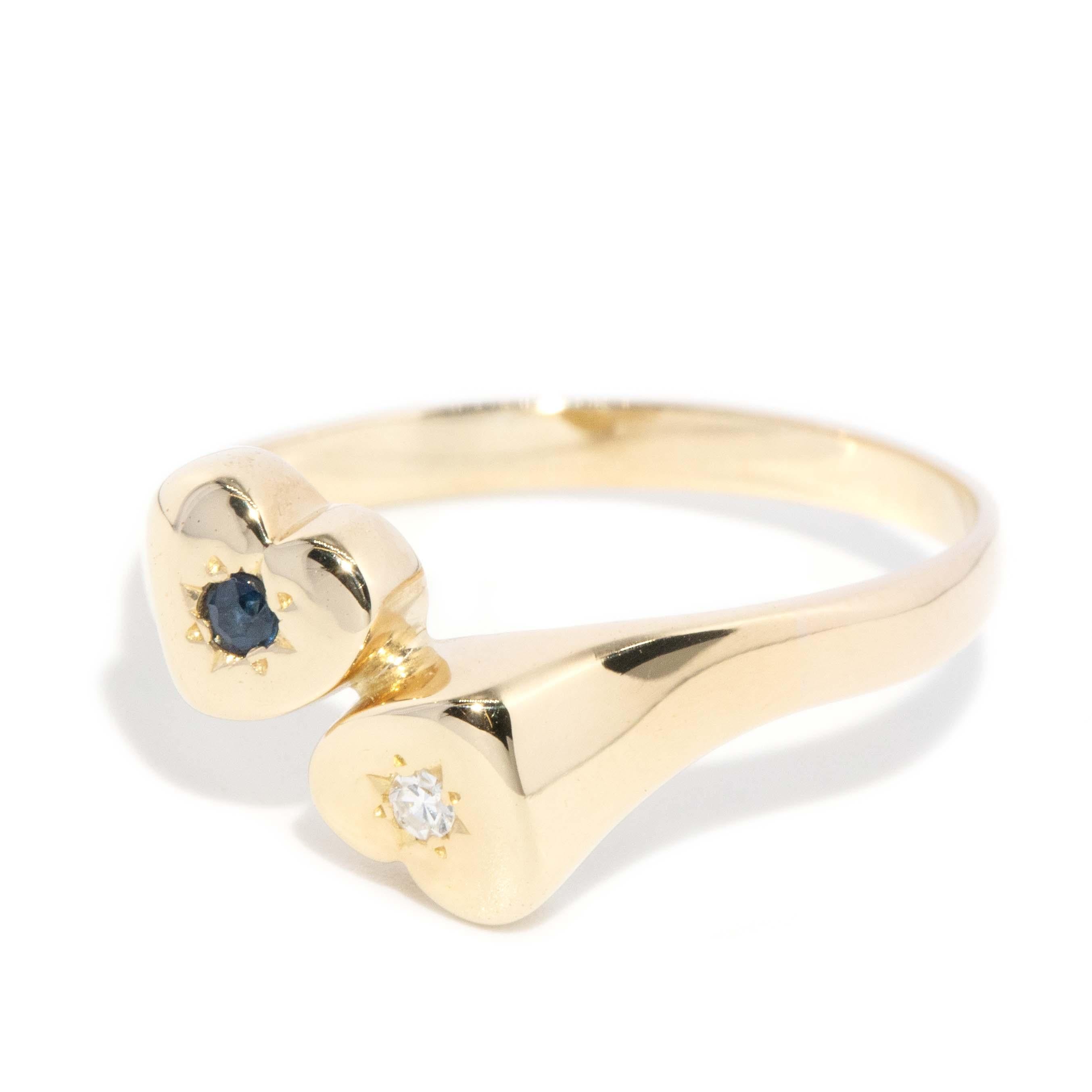 Modern Vintage Circa 1980s Toi Et Moi Sapphire & Diamond Ring 14 Carat Gold For Sale