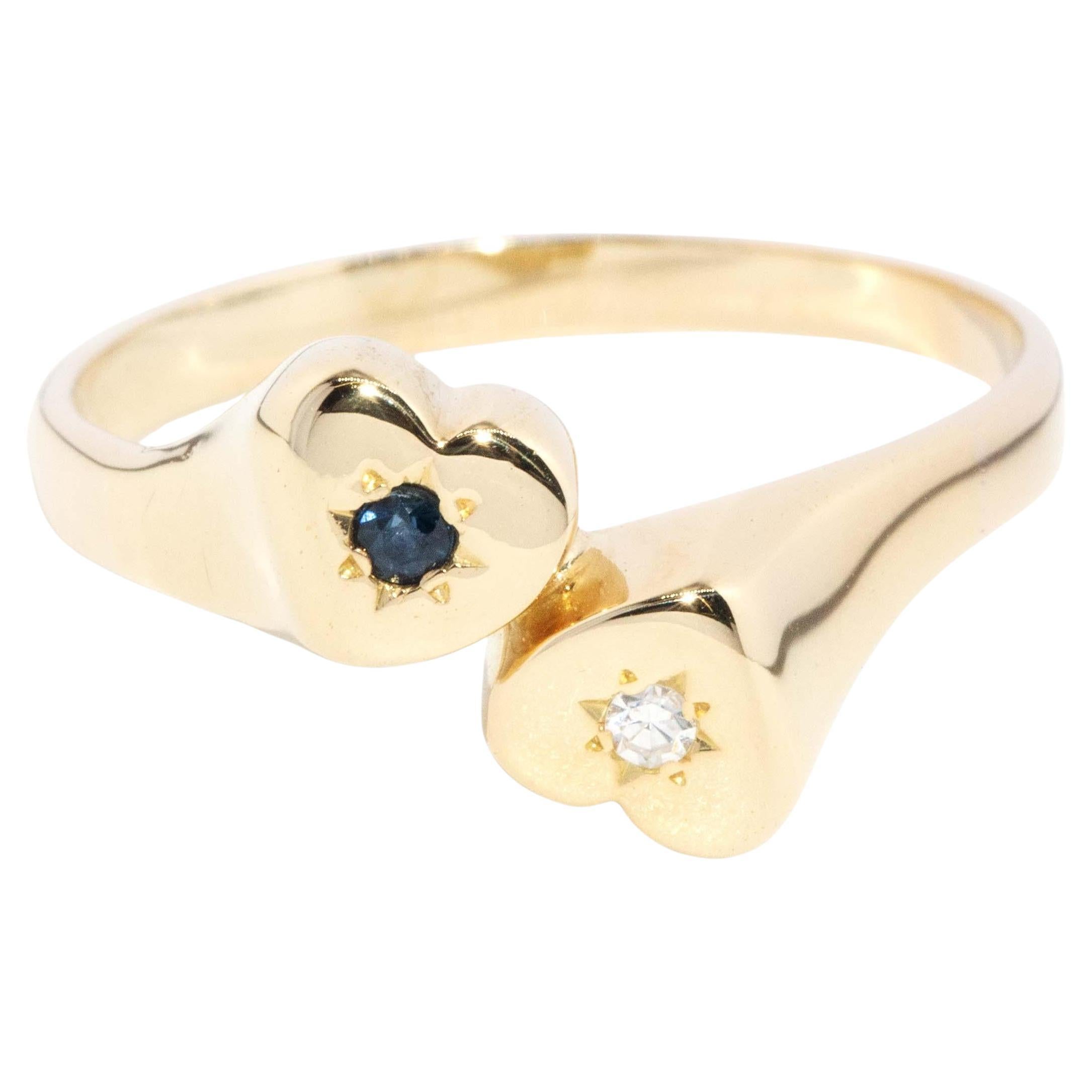 Vintage Circa 1980s Toi Et Moi Sapphire & Diamond Ring 14 Carat Gold For Sale
