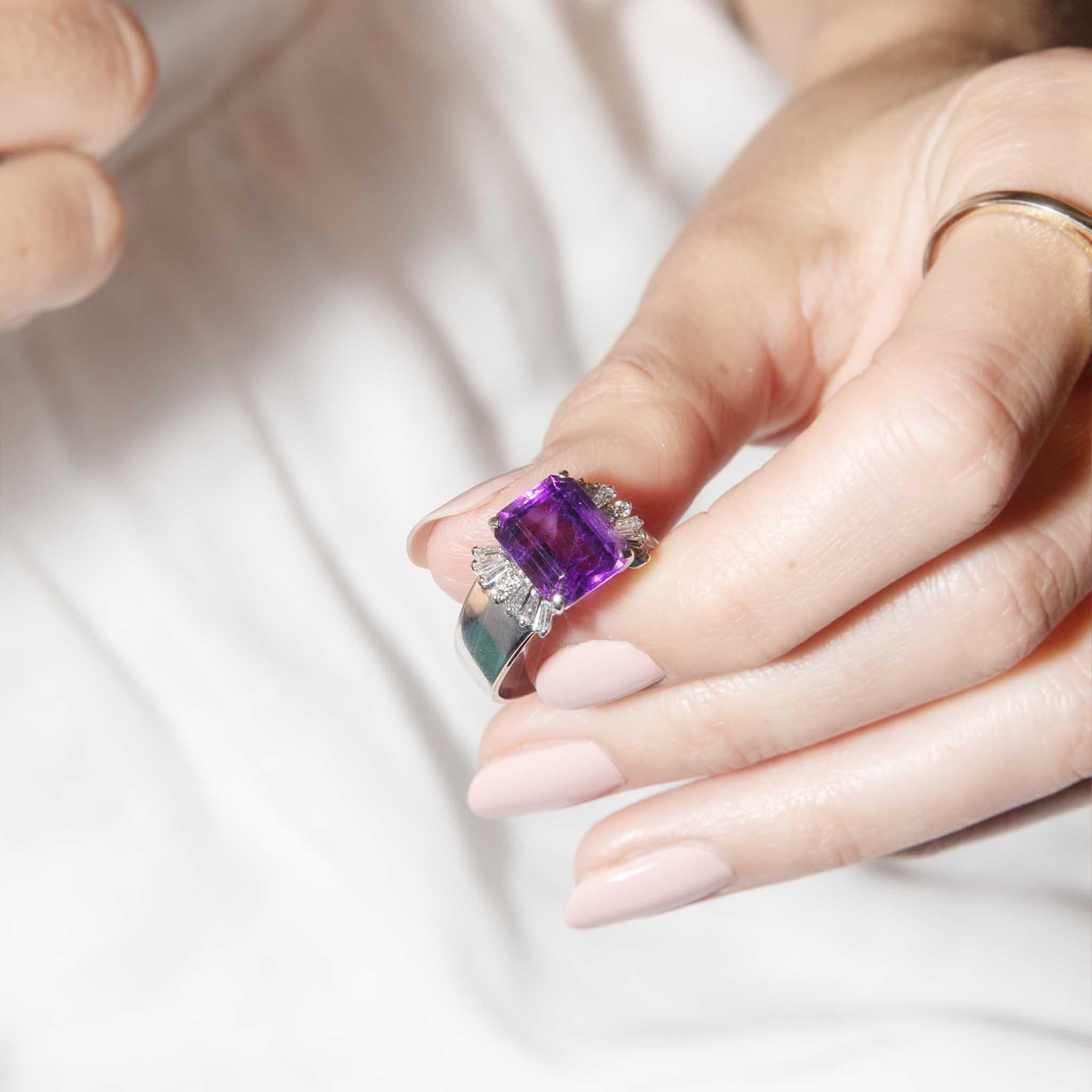 Bold and irresistible, The Alexis Ring is a celebration of colour and light.  Her vivid amethyst sits bookended by fireworks of sparkling diamonds.  Crafted in 18 carat white gold she is a much needed folly.

The Adrianna Ring Gem Details
The