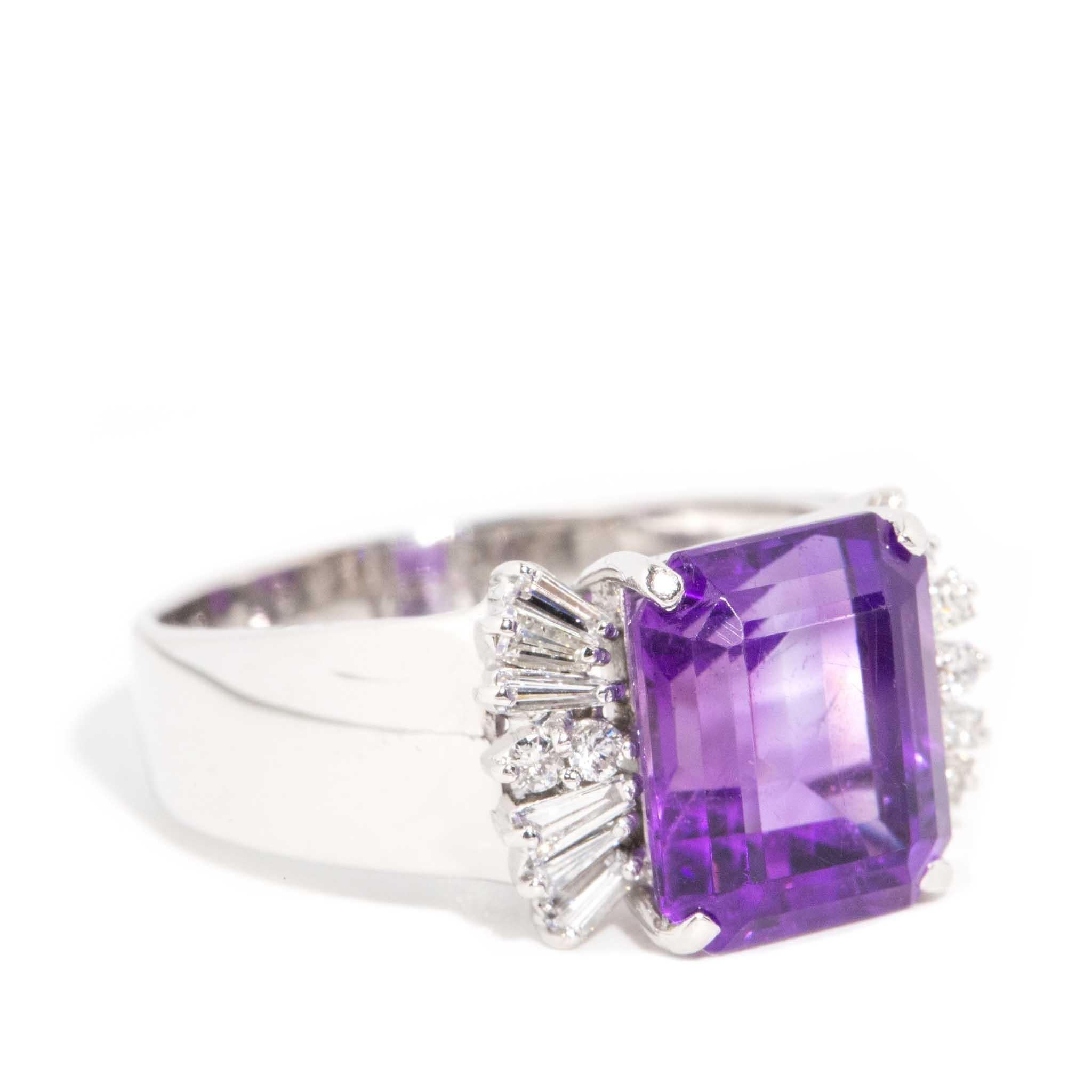 Modern Vintage Circa 1980s Vivid Purple Amethyst & Diamond Ring 18 Carat White Gold For Sale