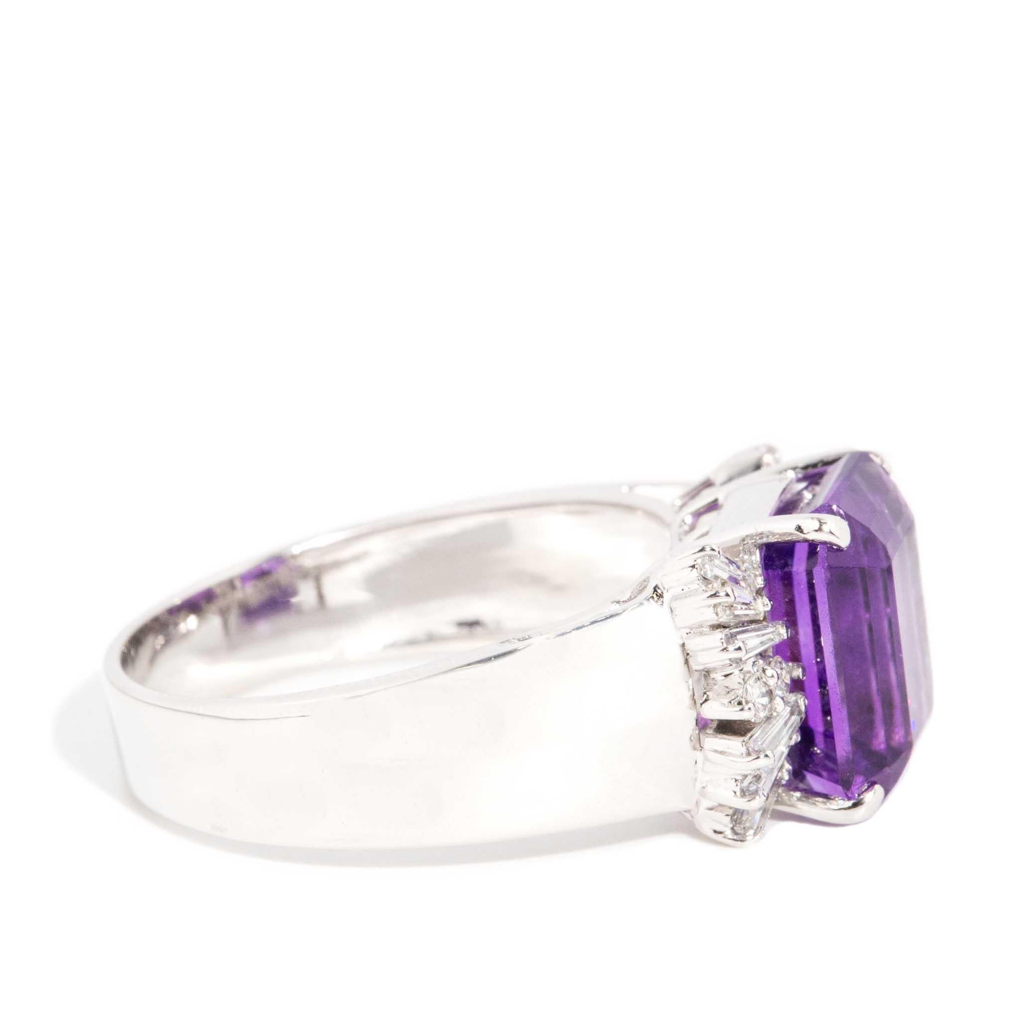 Vintage Circa 1980s Vivid Purple Amethyst & Diamond Ring 18 Carat White Gold For Sale 1