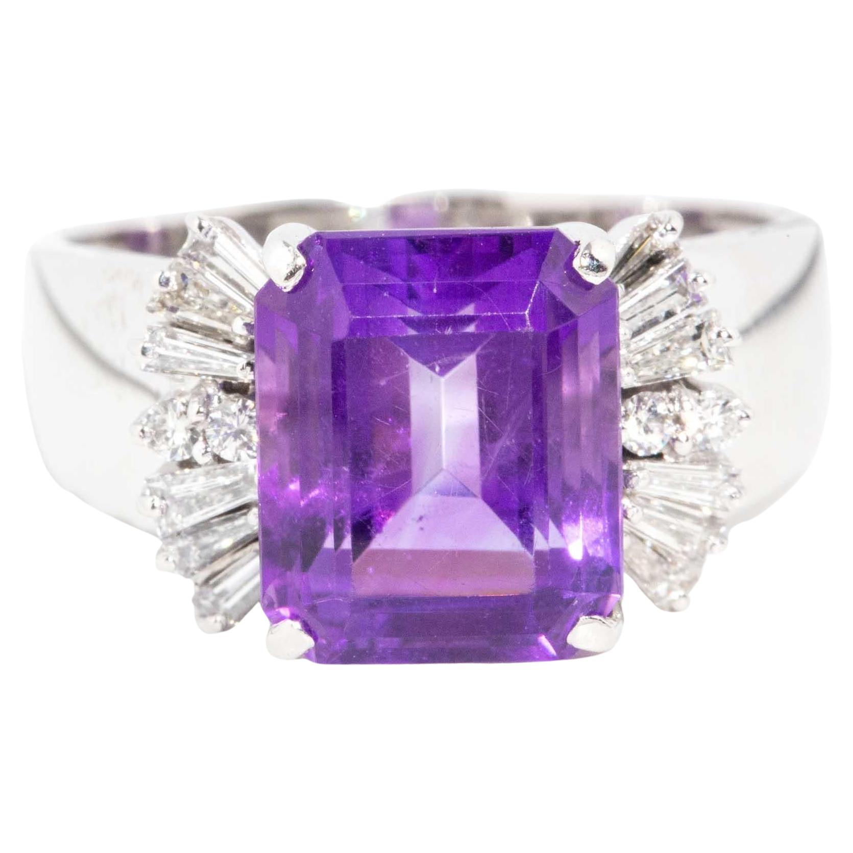 Vintage Circa 1980s Vivid Purple Amethyst & Diamond Ring 18 Carat White Gold For Sale