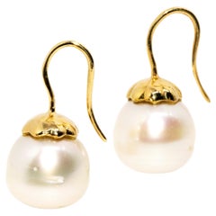 Vintage Circa 1980s White South Sea Pearl Drop Style Earrings 18 Carat Gold