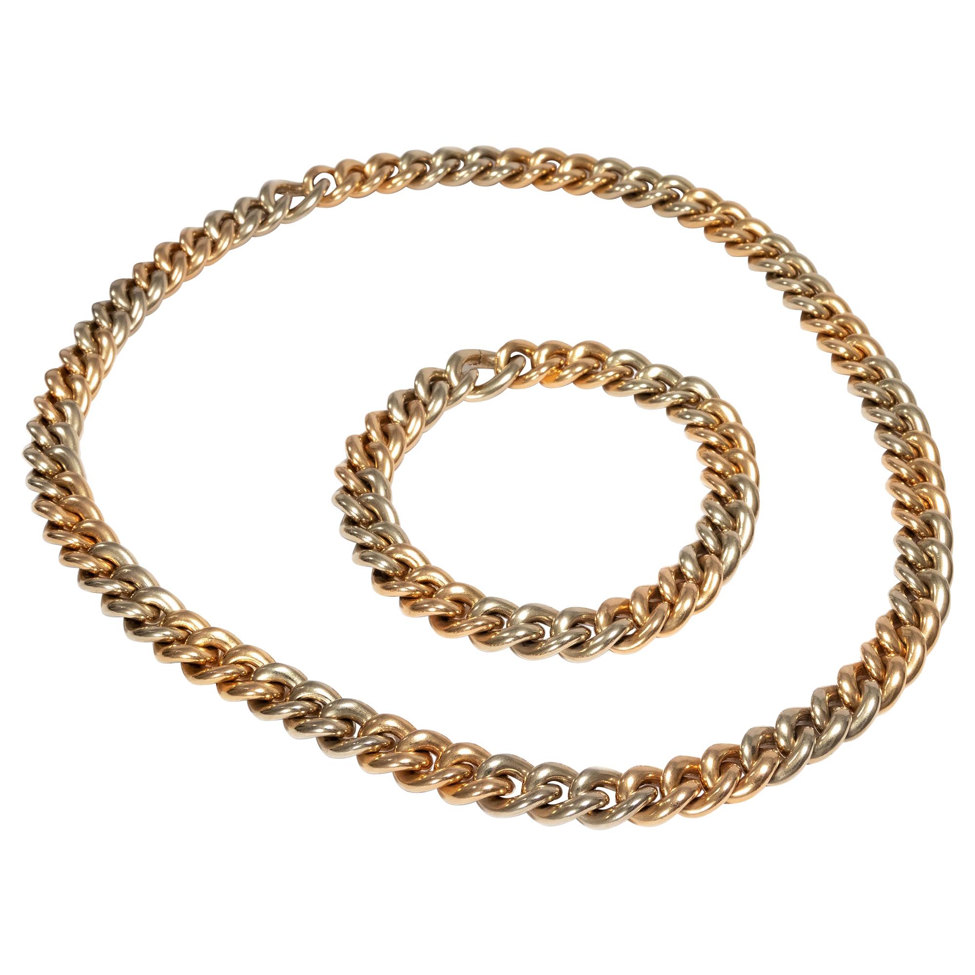 Vintage circa 1981, Pomellato 18 Karat Two-Tone Gold Necklace Two Bracelets Set For Sale