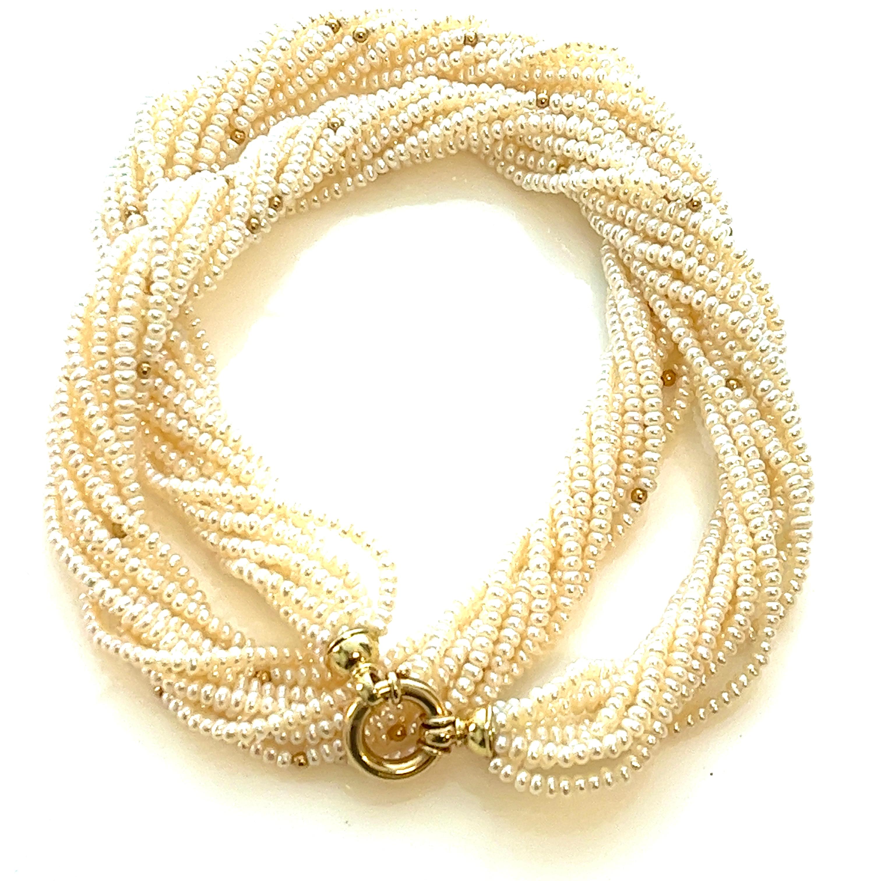 Contemporary  Vintage Circa 1990 10-Strand Pearl Necklace , 14K Yellow Gold. For Sale
