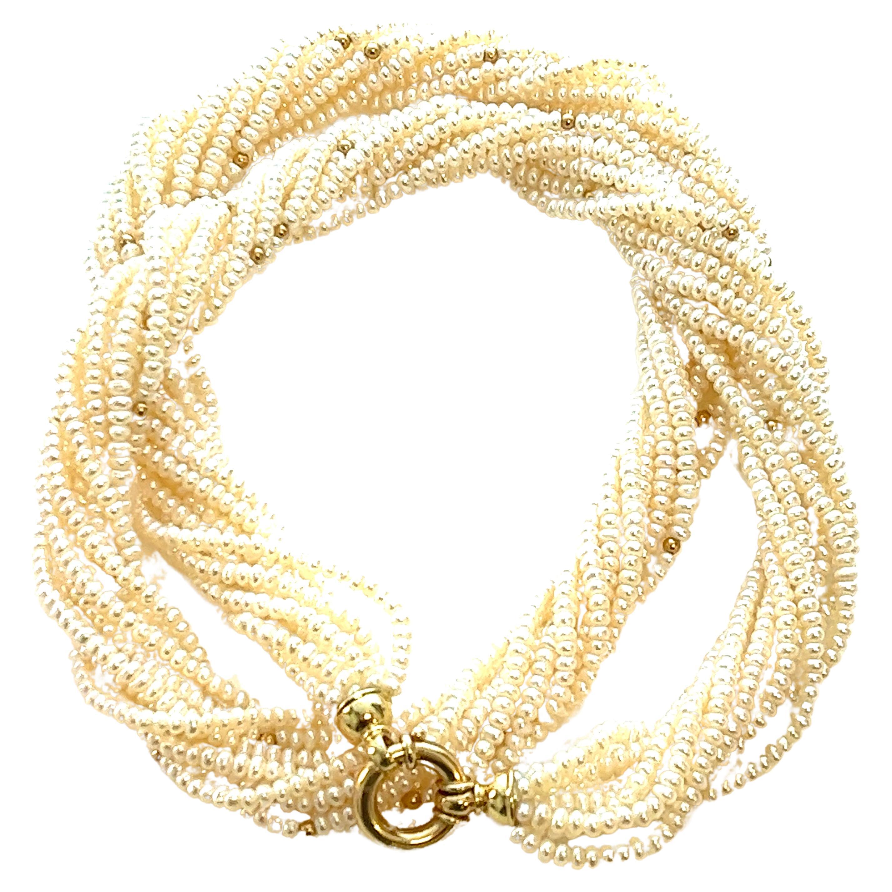  Vintage Circa 1990 10-Strand Pearl Necklace , 14K Yellow Gold. For Sale