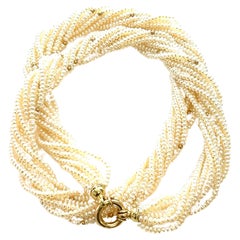  Retro Circa 1990 10-Strand Pearl Necklace , 14K Yellow Gold.