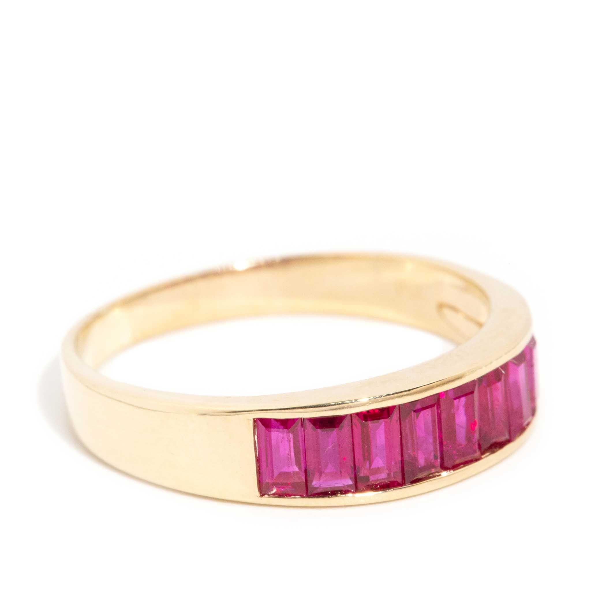Women's Vintage Circa 1990s 1.00 Carat Baguette Cut Red Ruby Band 18 Carat Yellow Gold For Sale