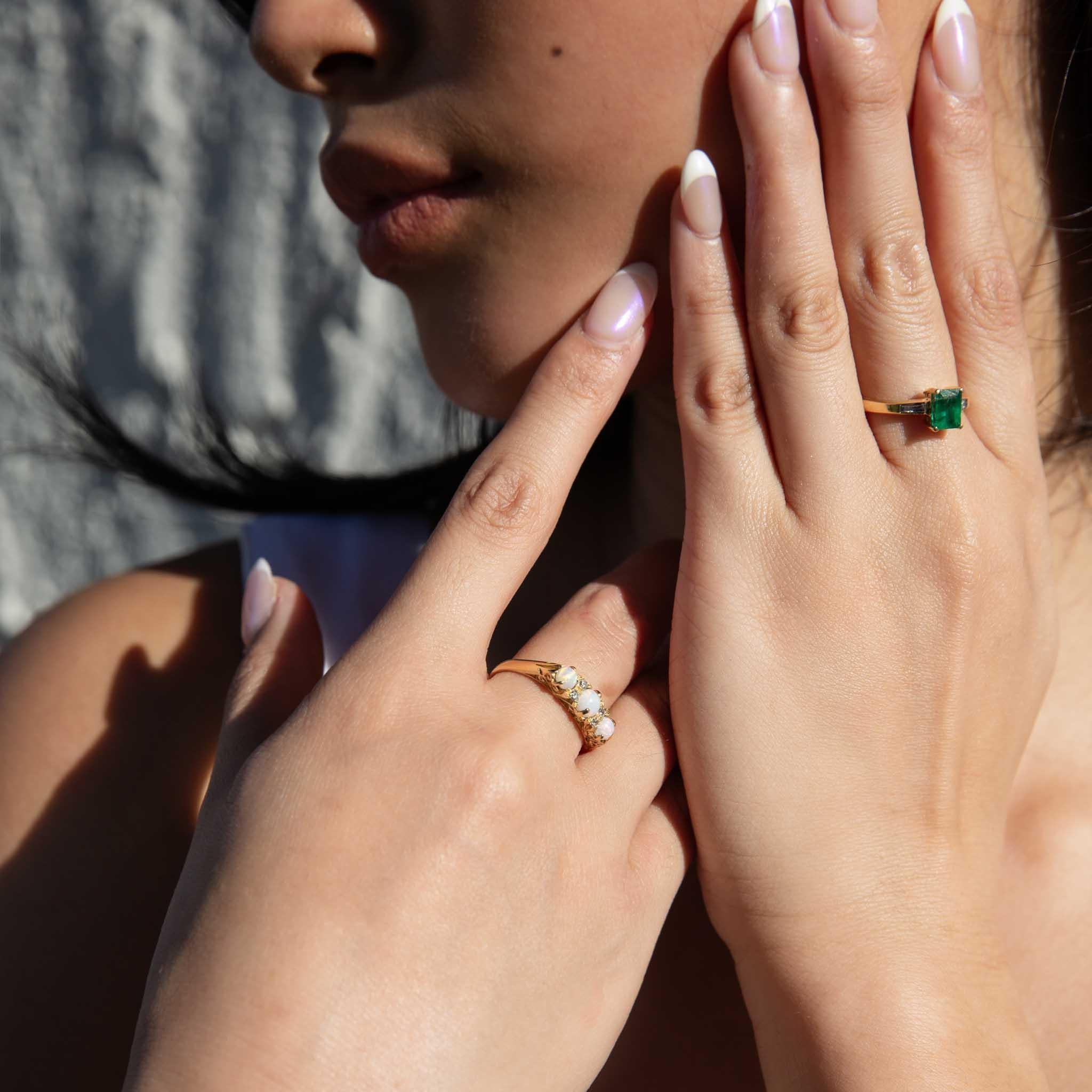 Vintage Circa 1990s 1.04 Carat Emerald & Diamond Trilogy Ring 18 Carat Gold For Sale 1