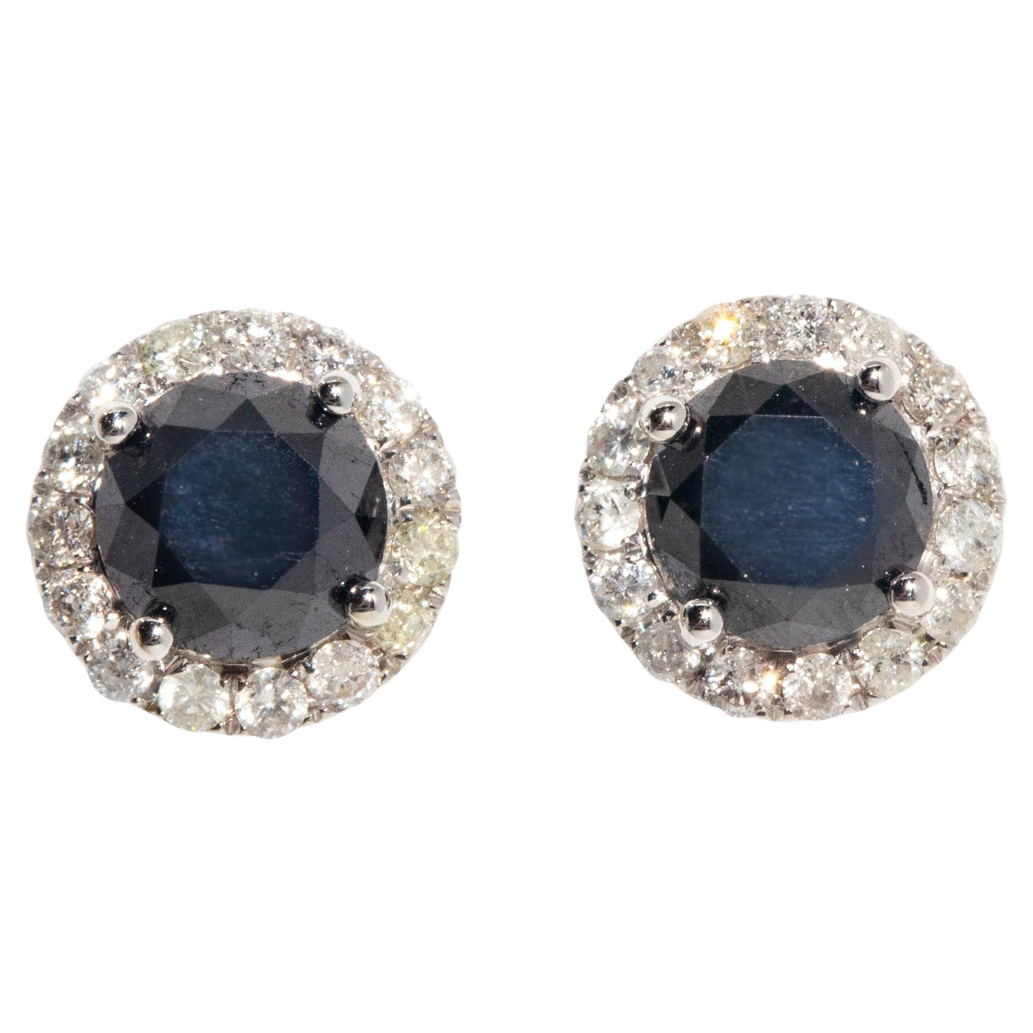 Clous d'oreilles vintage en or blanc 14 carats avec diamants noirs en forme de halo, années 1990