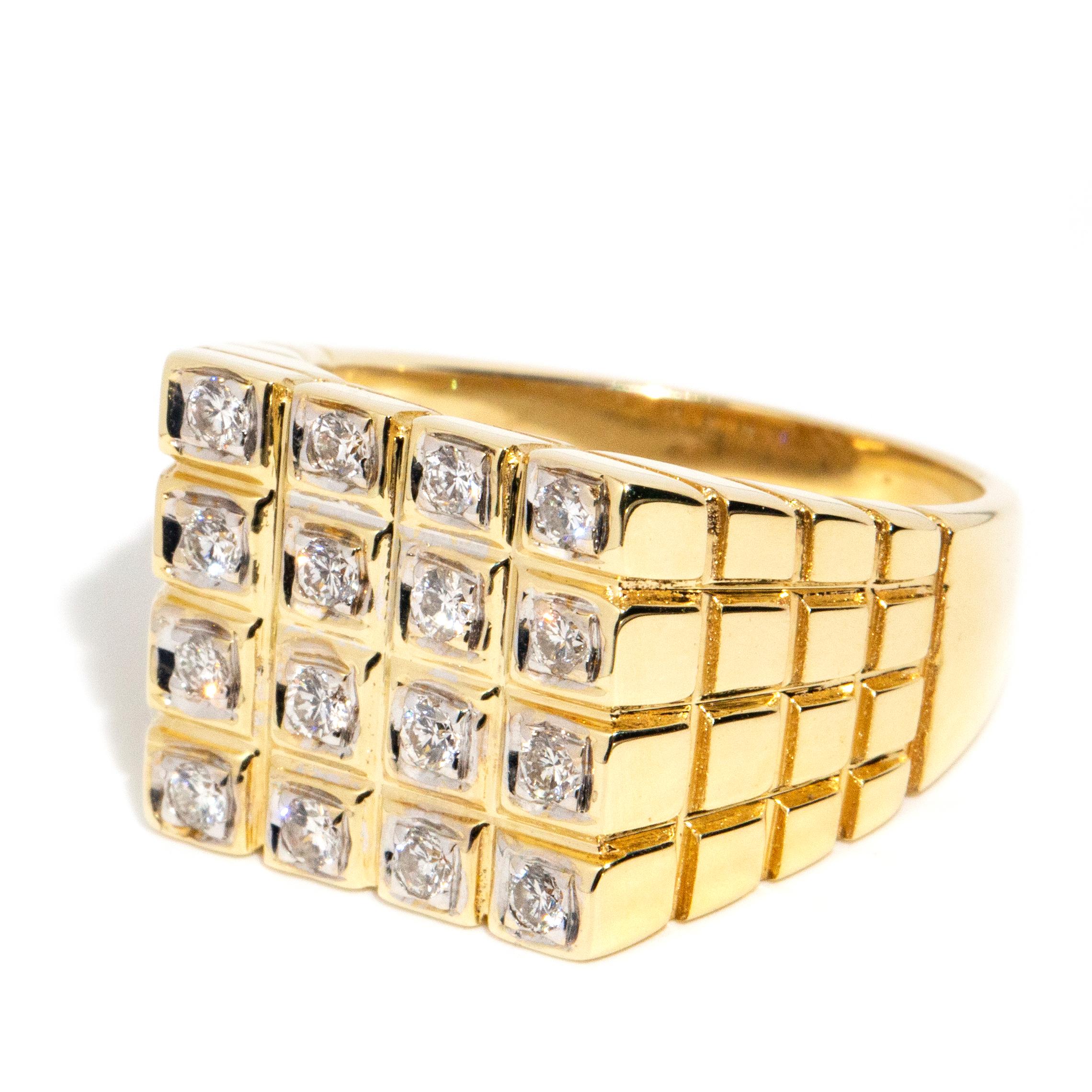 Modern Vintage Circa 1990s 14 Carat Yellow Gold Squared Flat Top Diamond Signet Ring For Sale