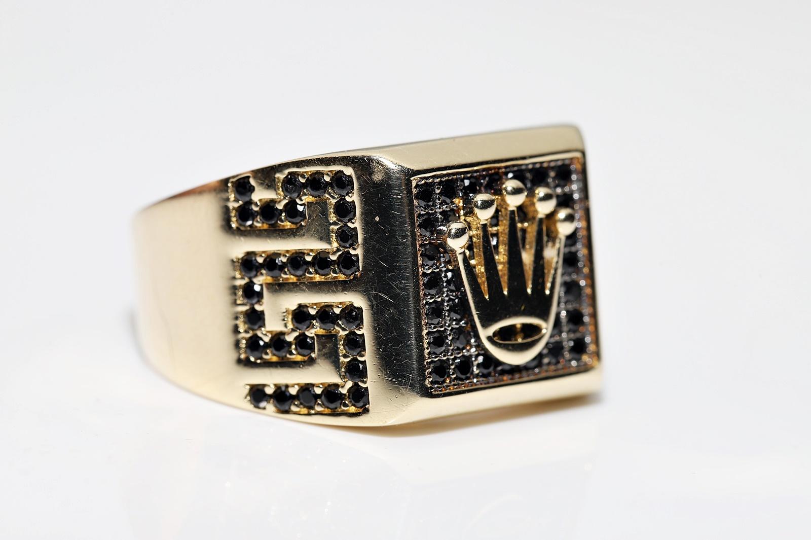 Vintage Circa 1990er Jahre 14k Gold natürlicher schwarzer Diamant dekorierter Vintage-Ring für Mann Damen im Angebot
