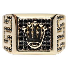 Vintage Circa 1990s 14k Gold Natural Black Diamond Decorated For Man Ring