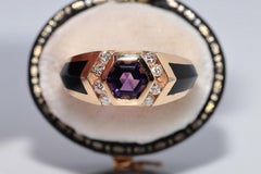 Vintage Circa 1990s 14k Gold Natural Diamond And Amethyst And Enamel Ring