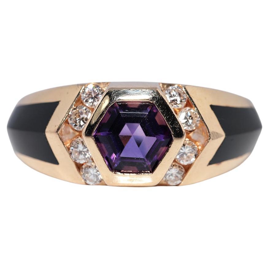 Vintage Circa 1990s 14k Gold Natural Diamond And Amethyst And Enamel Ring in vendita