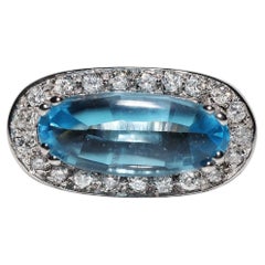 Vintage Circa 1990er Jahre 14k Gold natürlicher Diamant und blauer Topas Dekorierter Ring