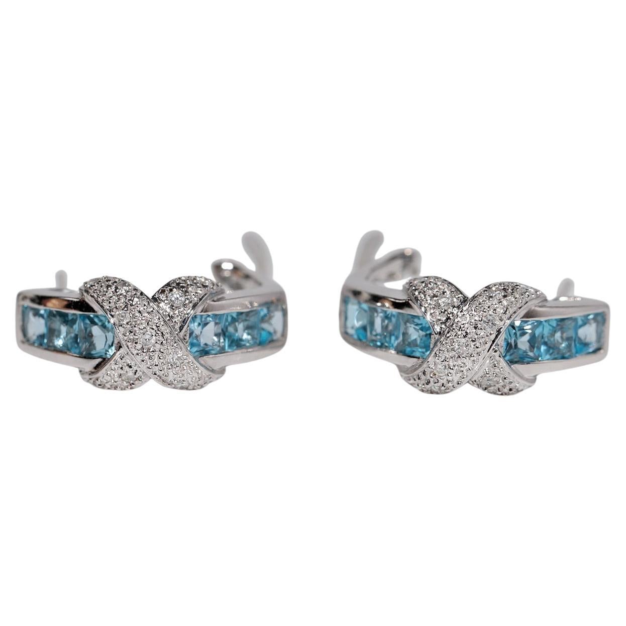 Vintage Circa 1990s 14k Gold Natural Diamond And Blue Topaz Omega Back Earring