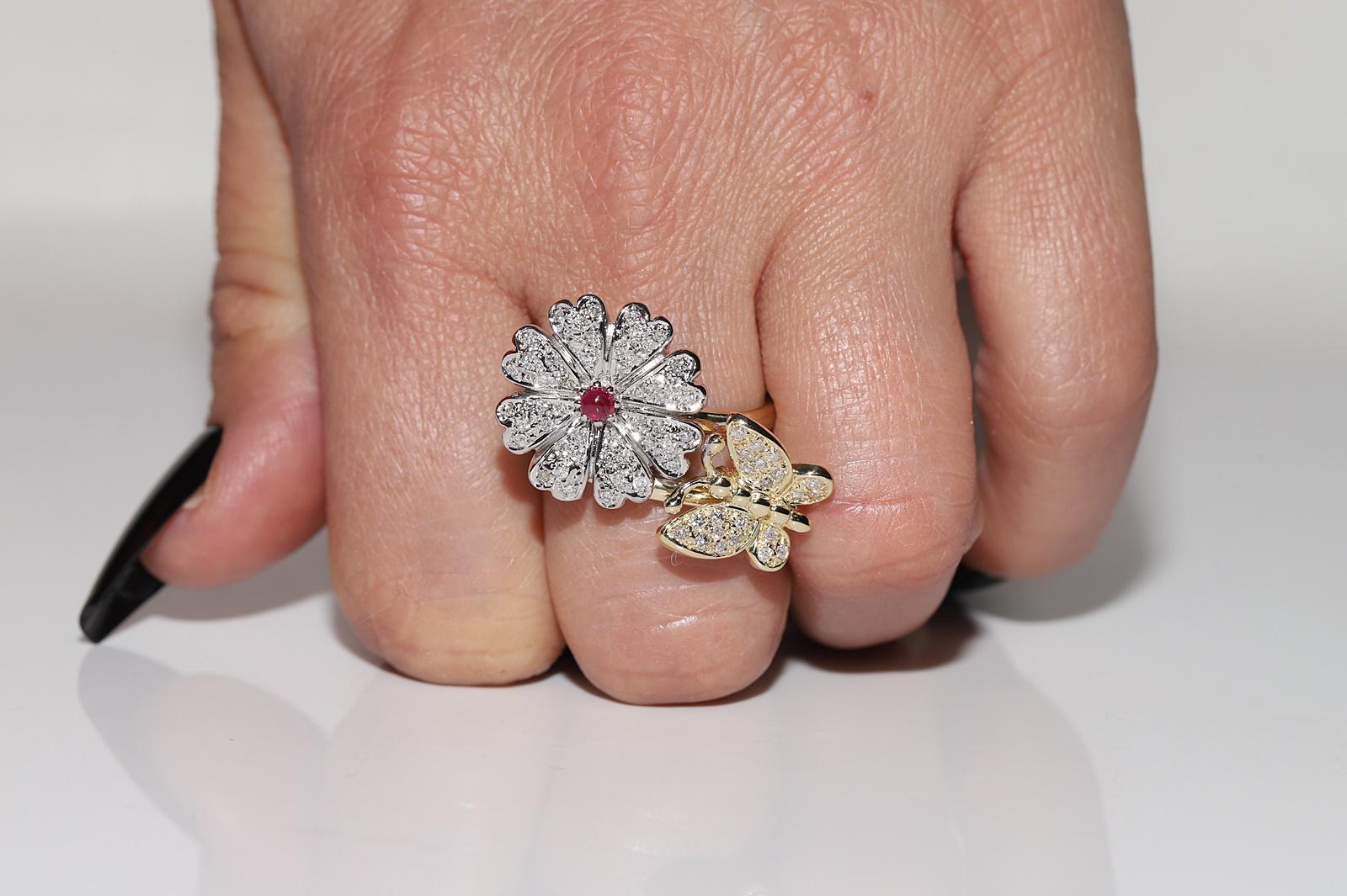 Vintage Circa 1990er Jahre 14k Gold Natürlicher Diamant und Cabochon Rubin Dekorierter Ring im Angebot 9