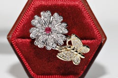 Vintage Circa 1990s 14k Gold Natural Diamond And Cabochon Ruby Decorated Ring