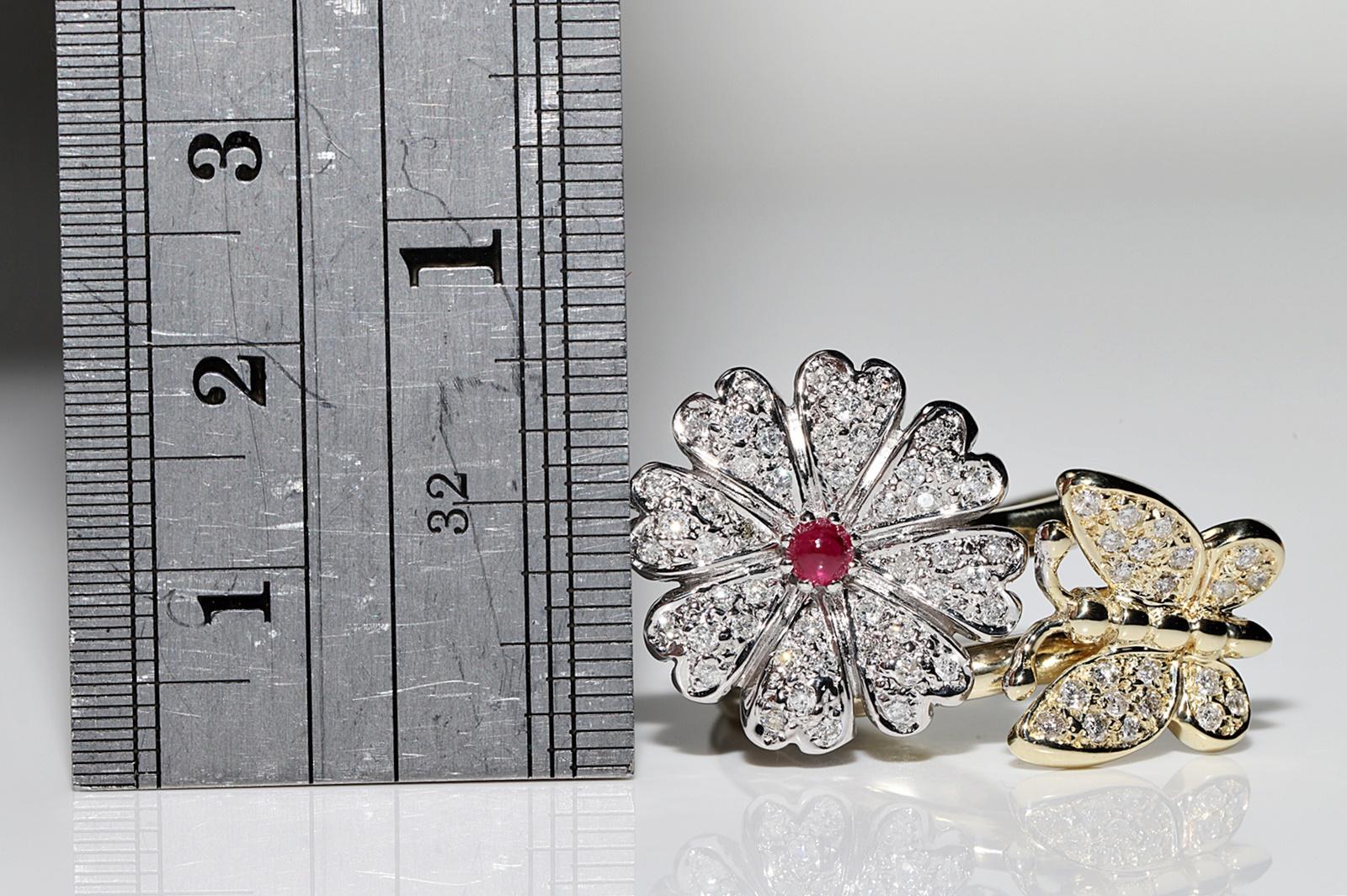 Vintage Circa 1990er Jahre 14k Gold Natürlicher Diamant und Cabochon Rubin Dekorierter Ring im Angebot 3